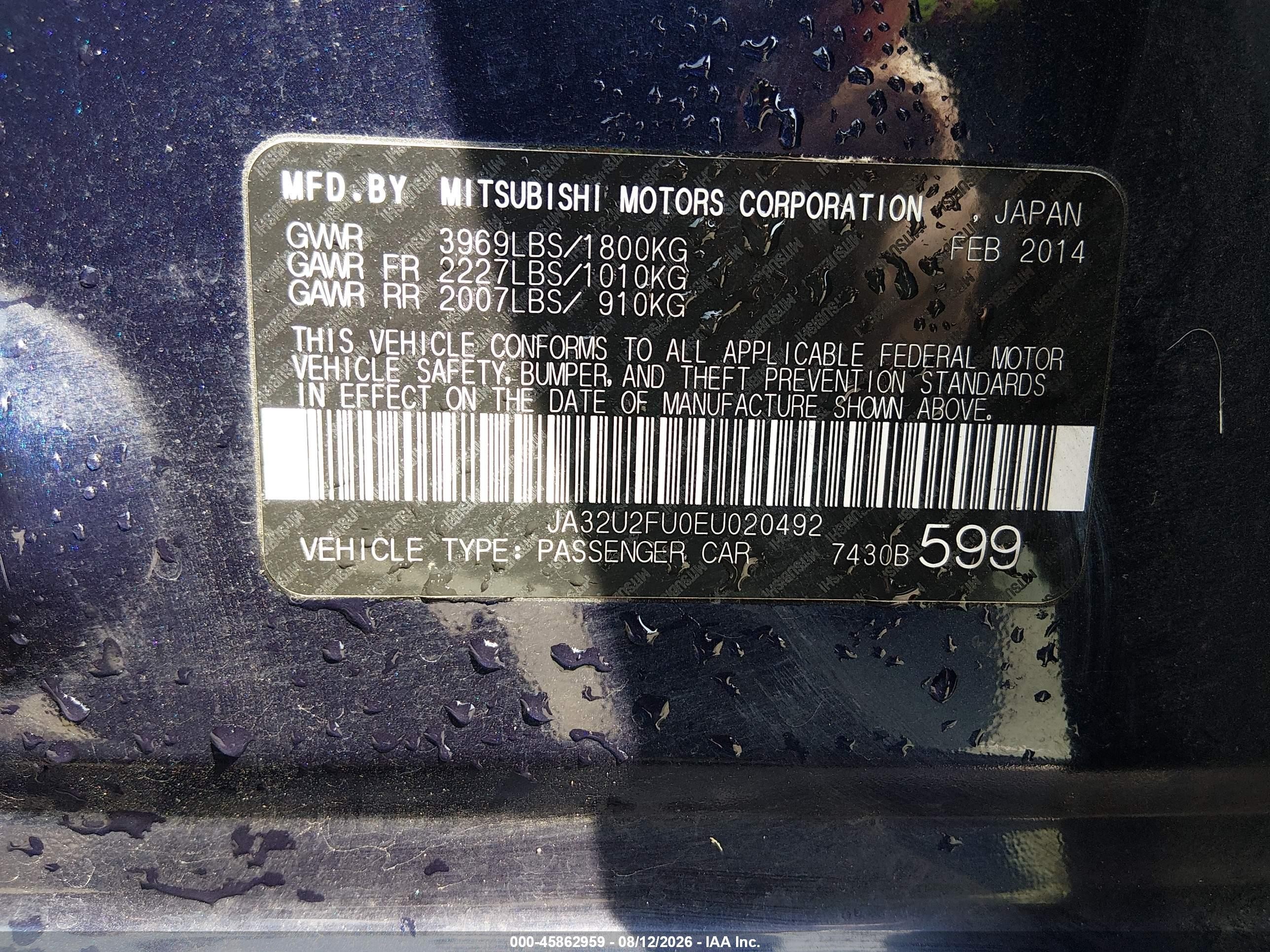 2014 Mitsubishi Lancer Es Dark Blue vin: JA32U2FU0EU020492