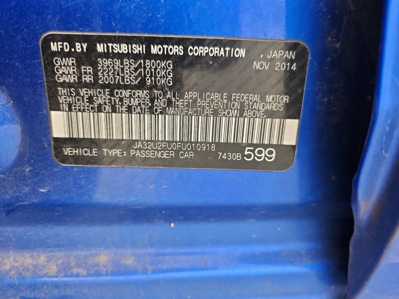 2015 Mitsubishi Lancer Es Blue vin: JA32U2FU0FU010918