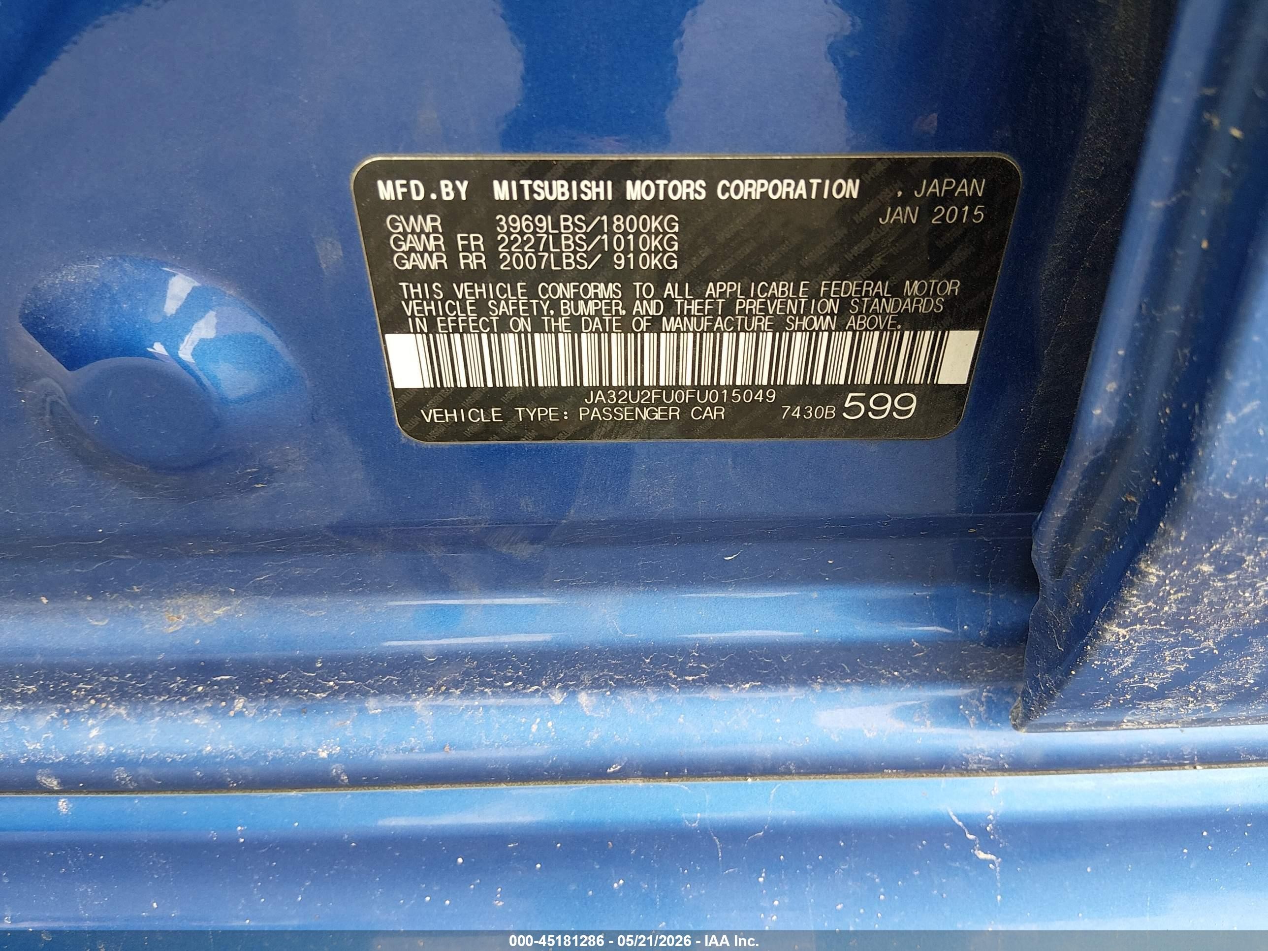 2015 Mitsubishi Lancer Es Blue vin: JA32U2FU0FU015049