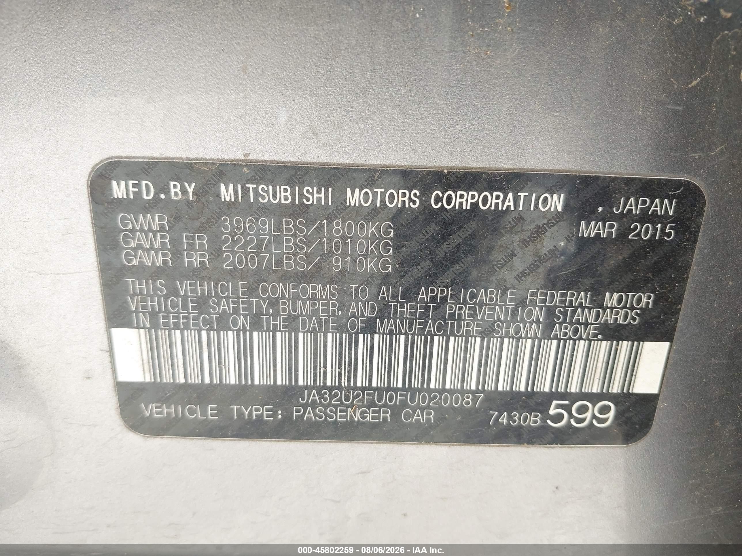 2015 Mitsubishi Lancer Es Gray vin: JA32U2FU0FU020087