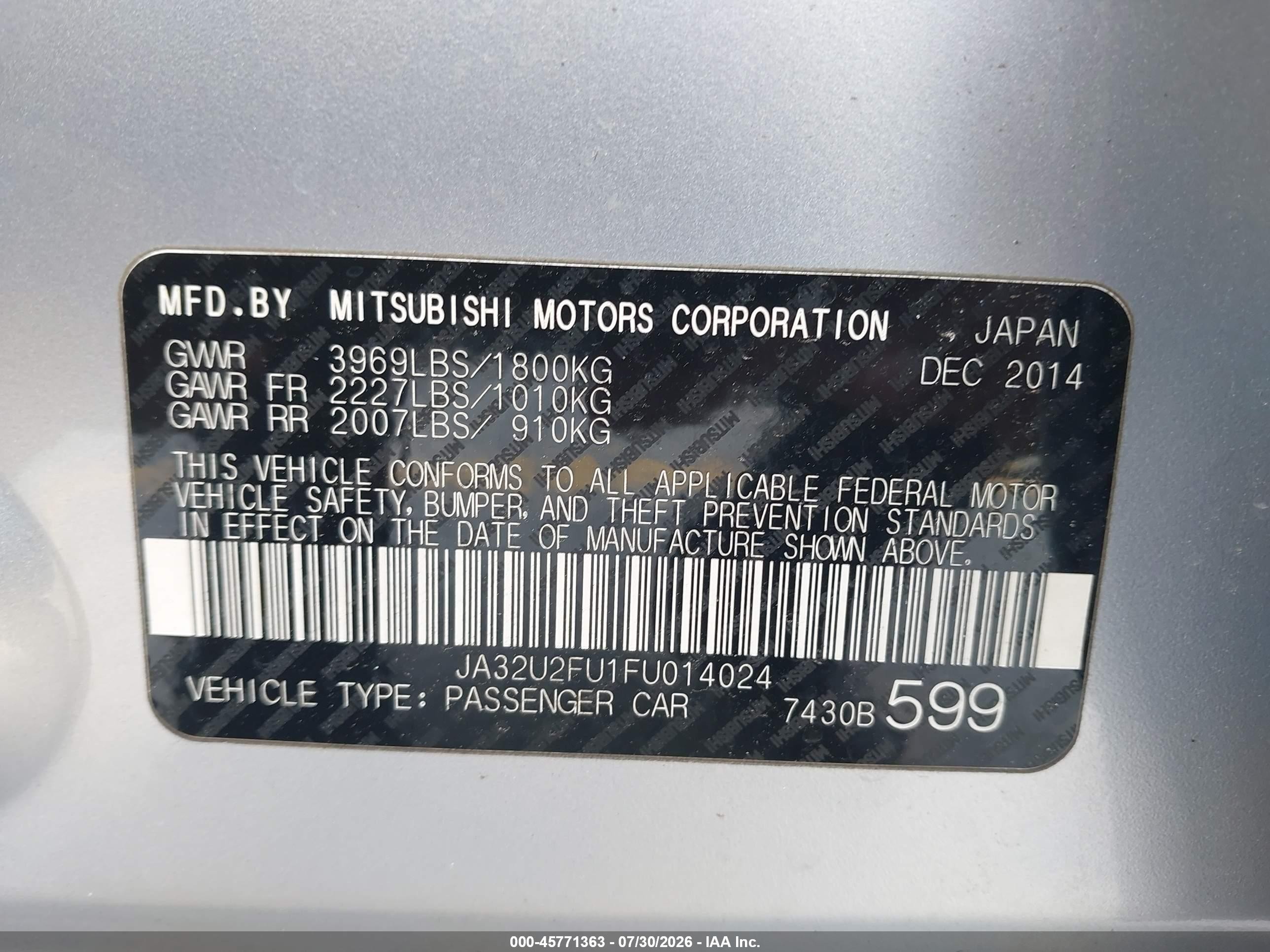 2015 Mitsubishi Lancer Es Silver vin: JA32U2FU1FU014024