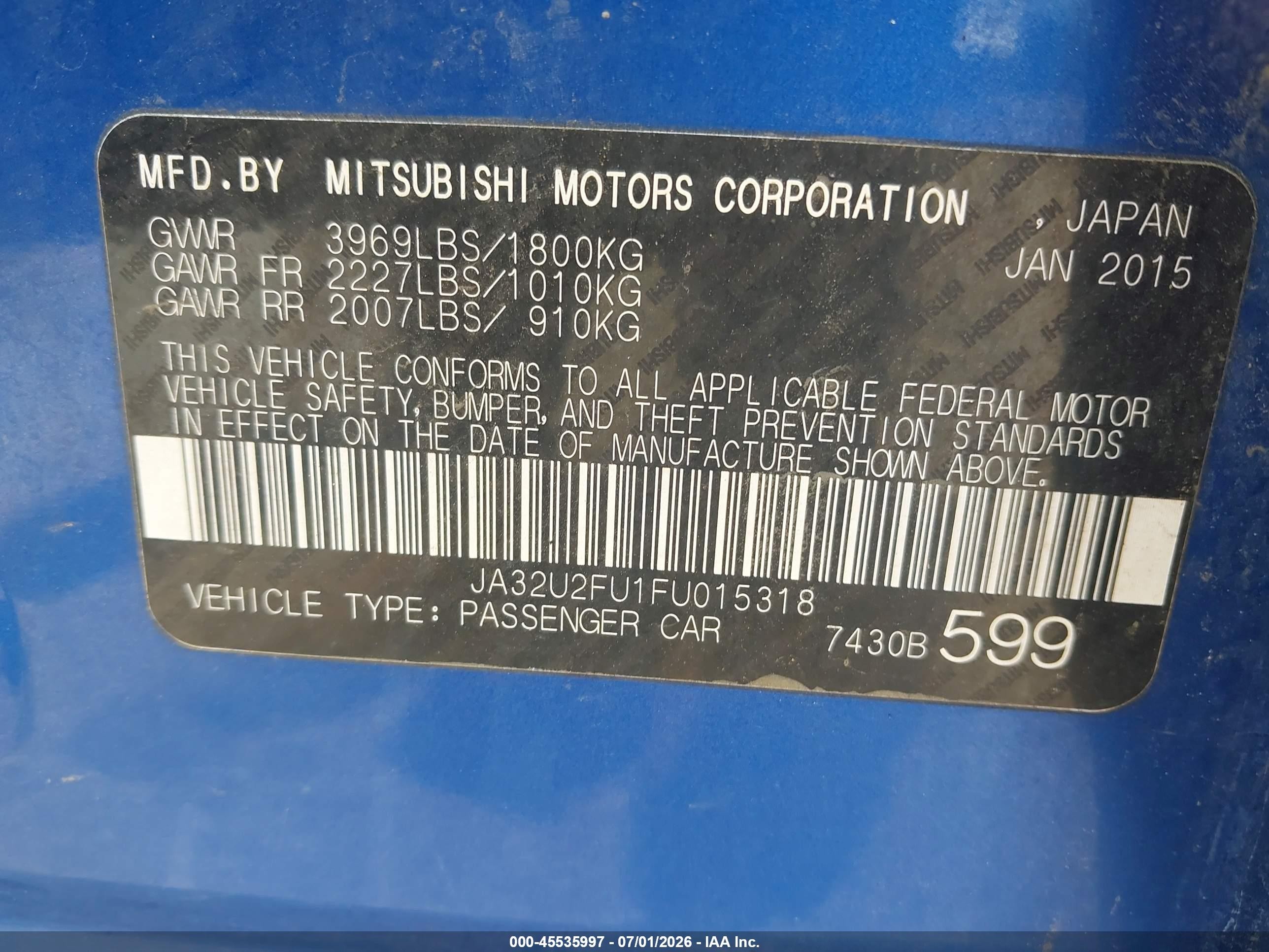 2015 Mitsubishi Lancer Es Blue vin: JA32U2FU1FU015318