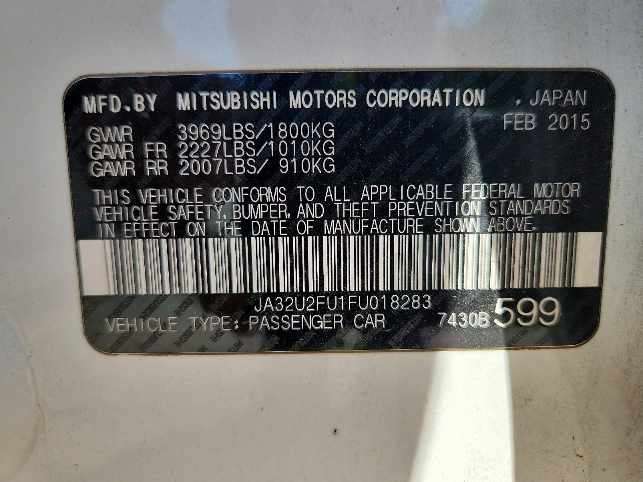 2015 Mitsubishi Lancer Es White vin: JA32U2FU1FU018283