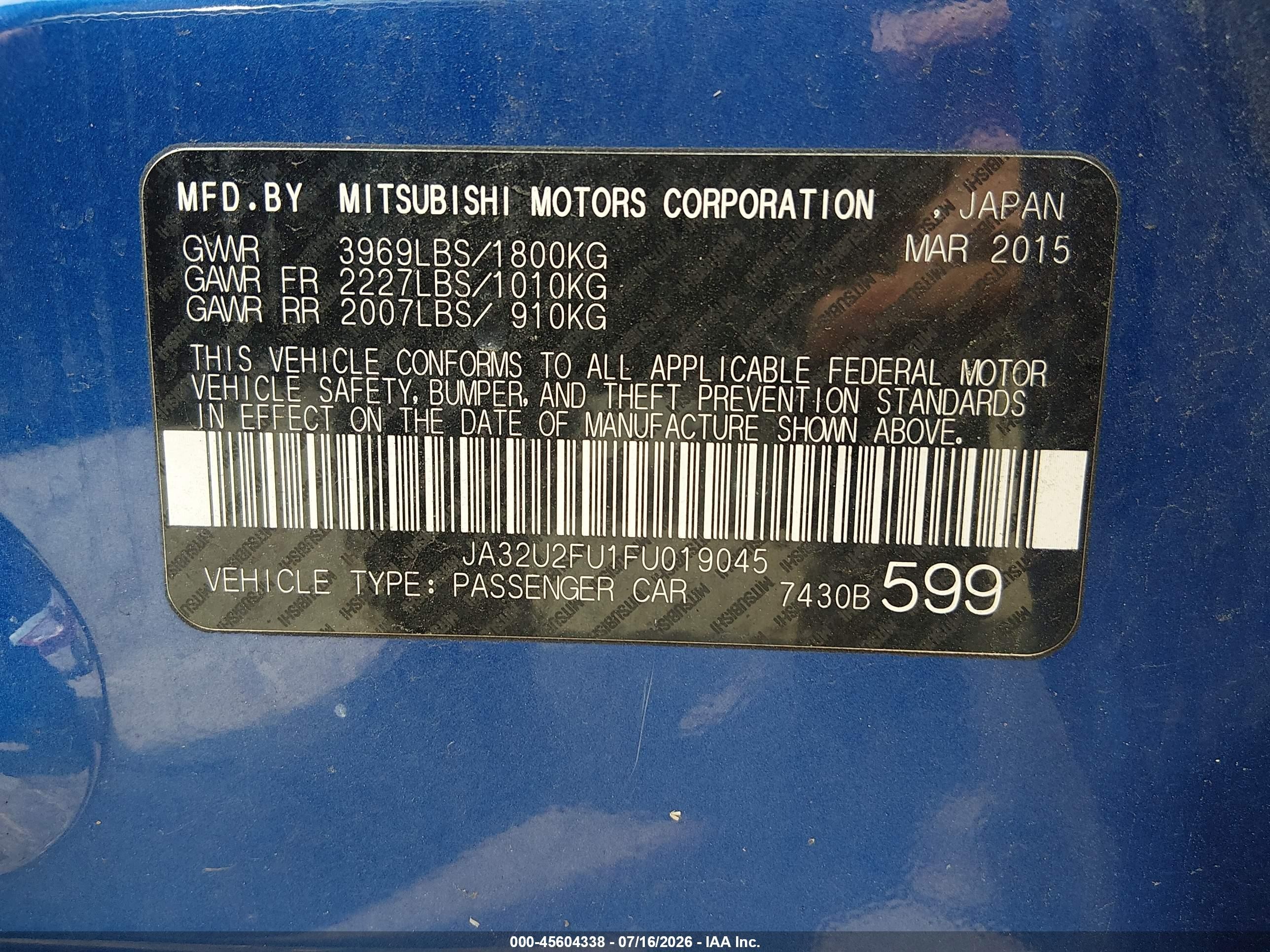 2015 Mitsubishi Lancer Es Blue vin: JA32U2FU1FU019045