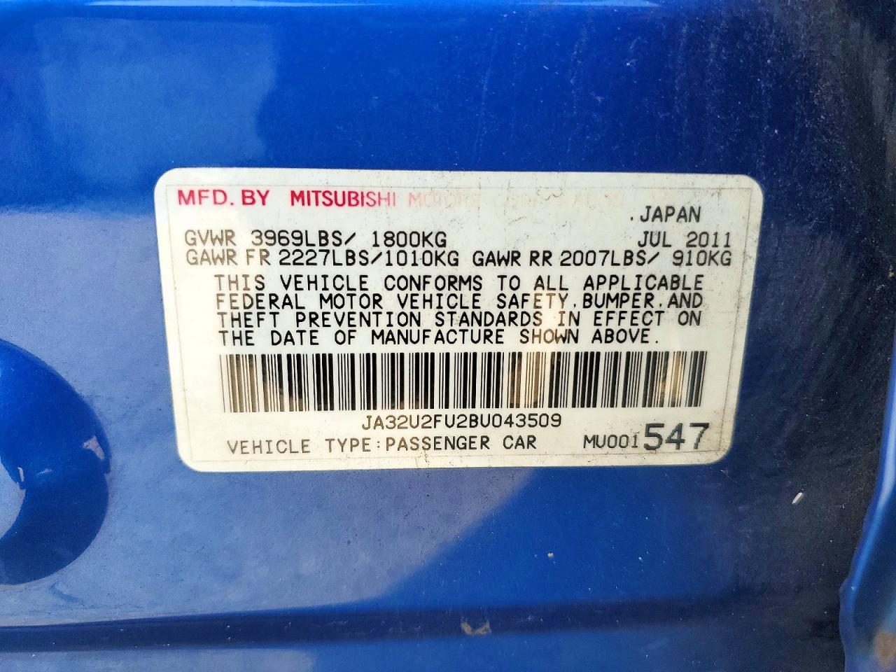 2011 Mitsubishi Lancer Es/es Sport Blue vin: JA32U2FU2BU043509