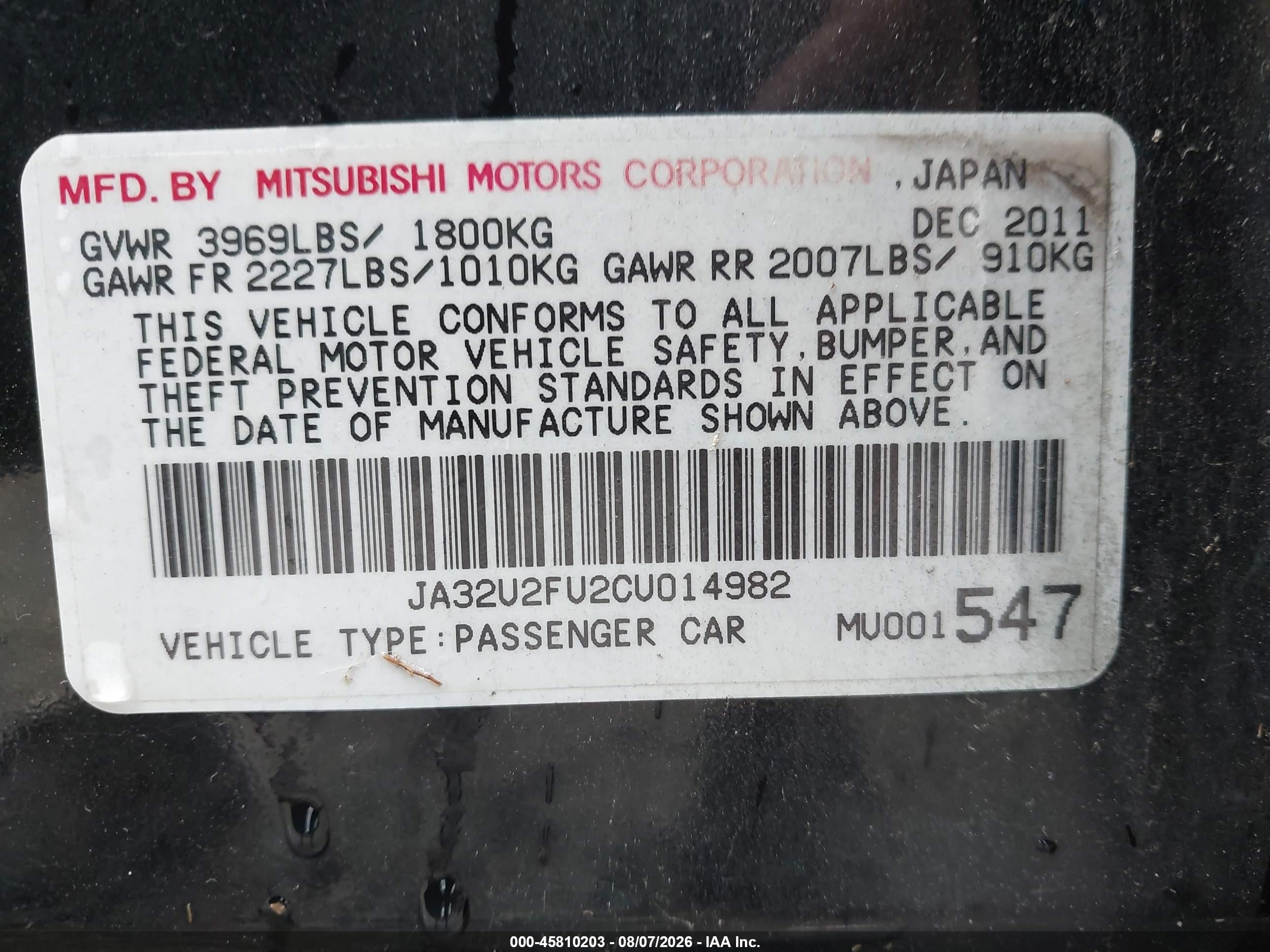 2012 Mitsubishi Lancer Es Black vin: JA32U2FU2CU014982