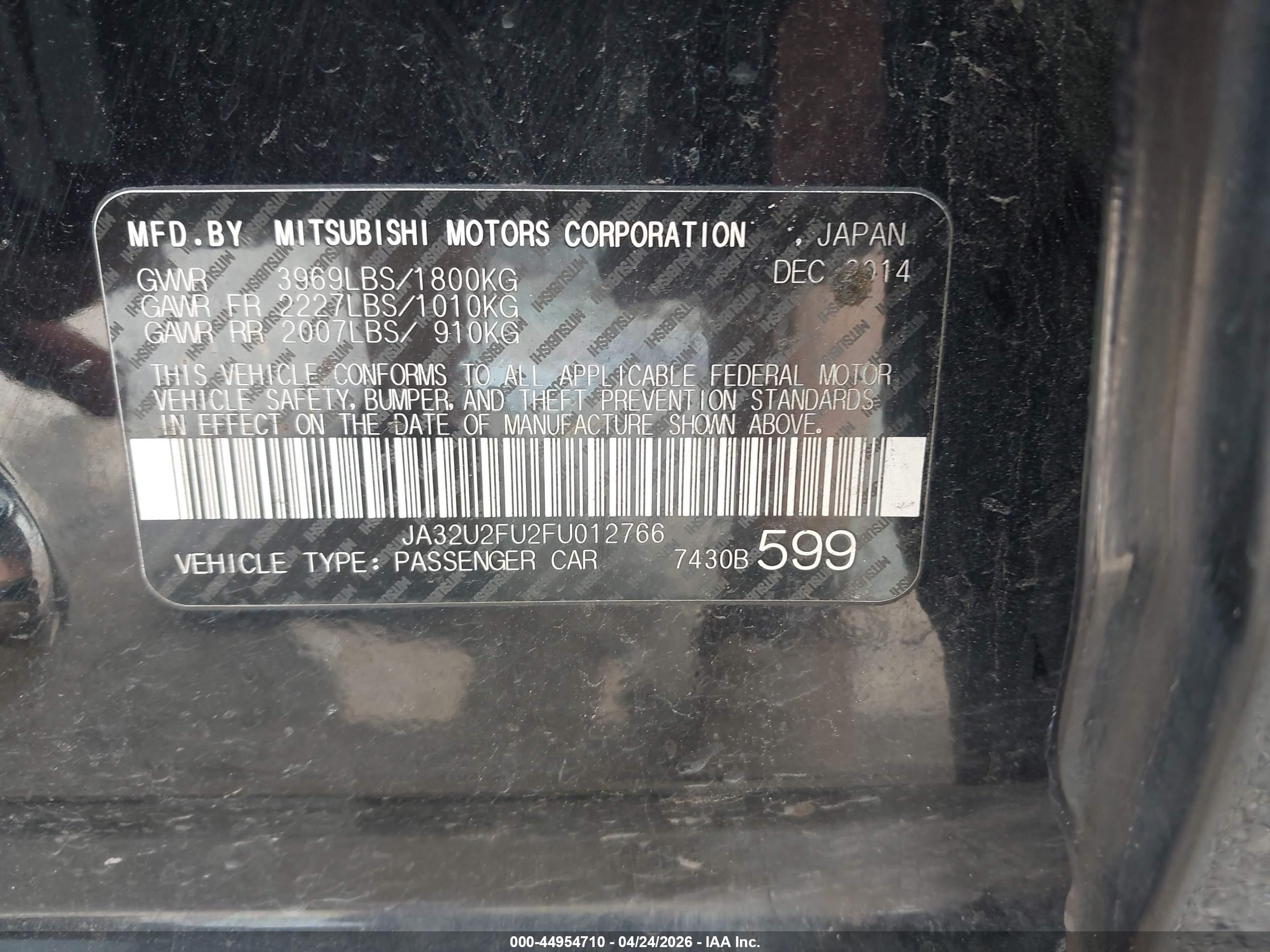 2015 Mitsubishi Lancer Es Black vin: JA32U2FU2FU012766