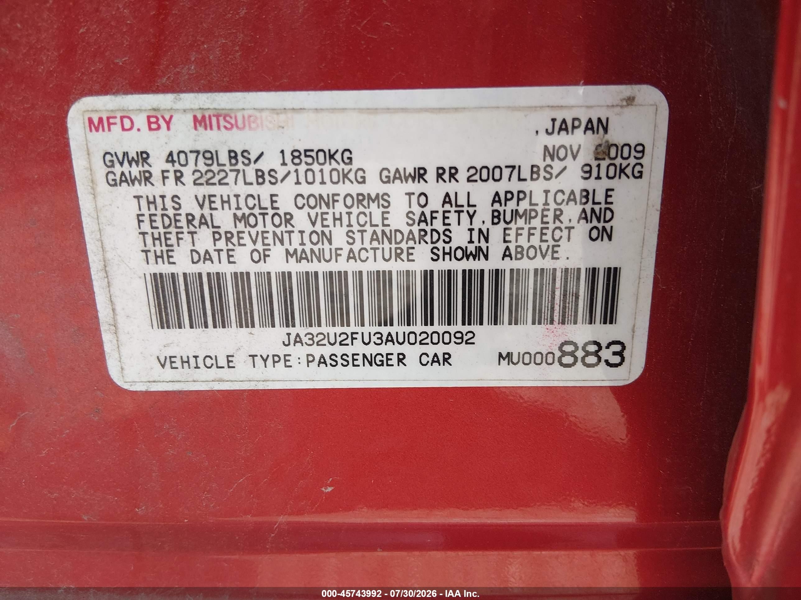 2010 Mitsubishi Lancer Es Red vin: JA32U2FU3AU020092