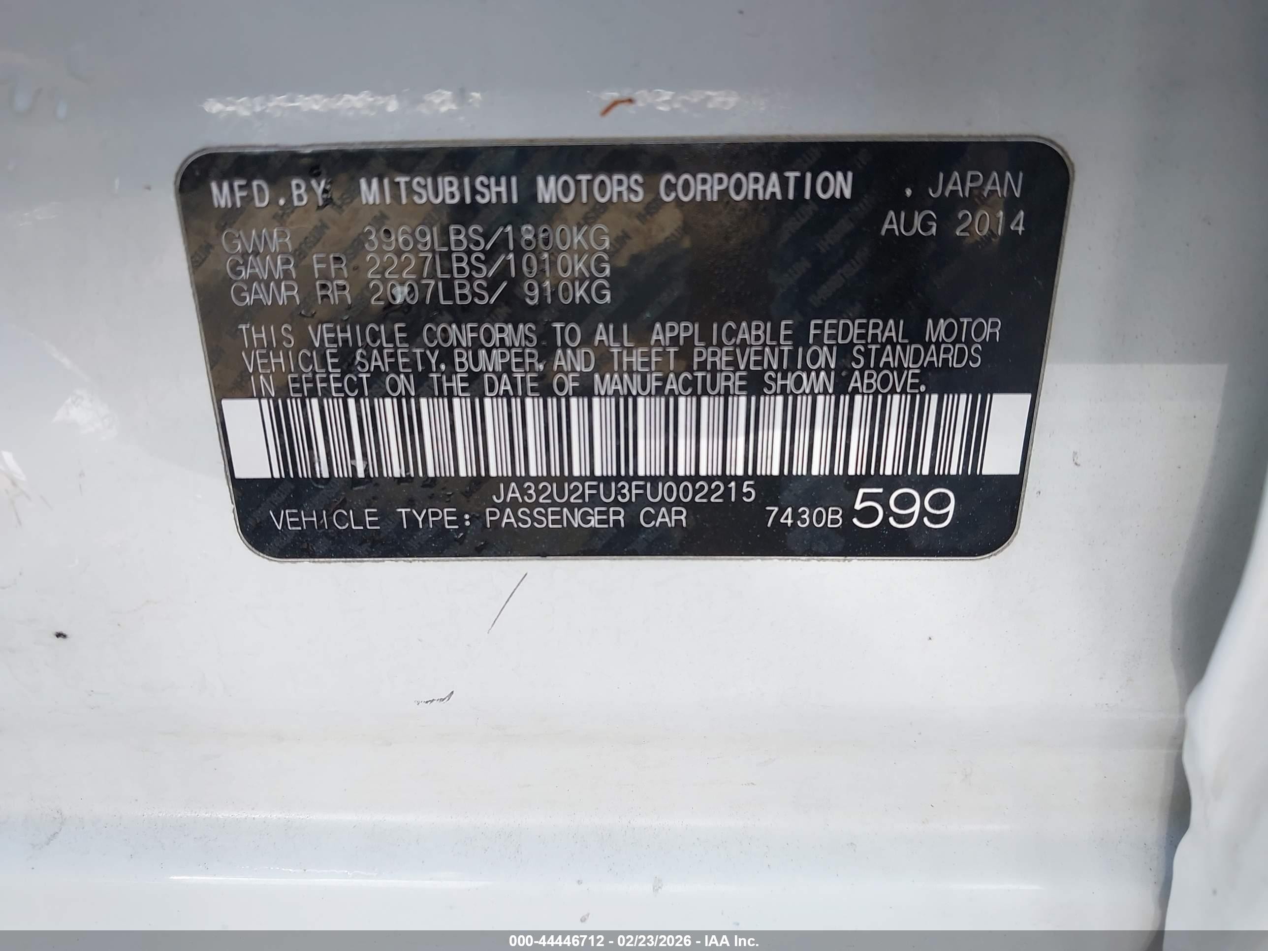 2015 Mitsubishi Lancer Es White vin: JA32U2FU3FU002215