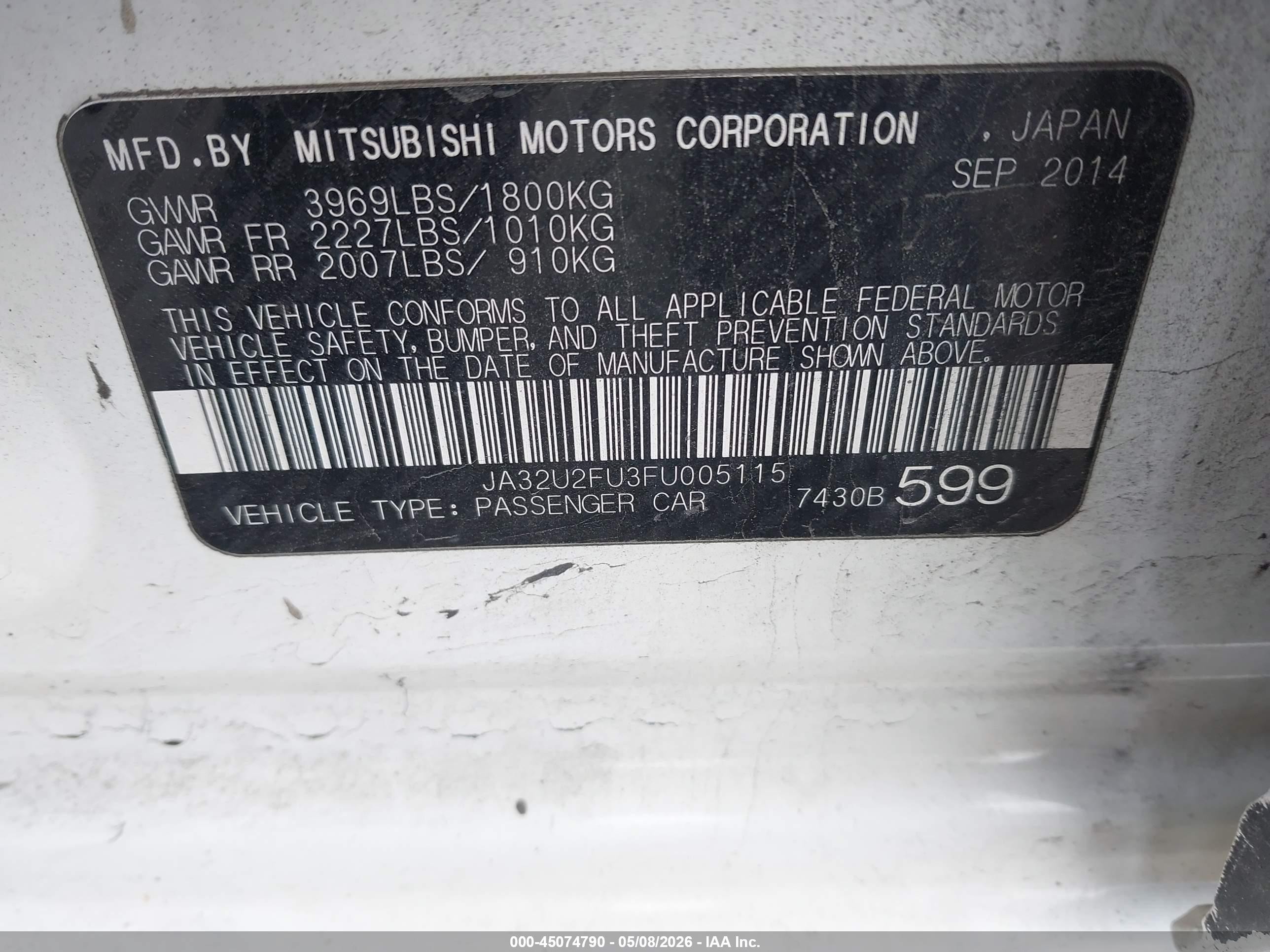 2015 Mitsubishi Lancer Es White vin: JA32U2FU3FU005115