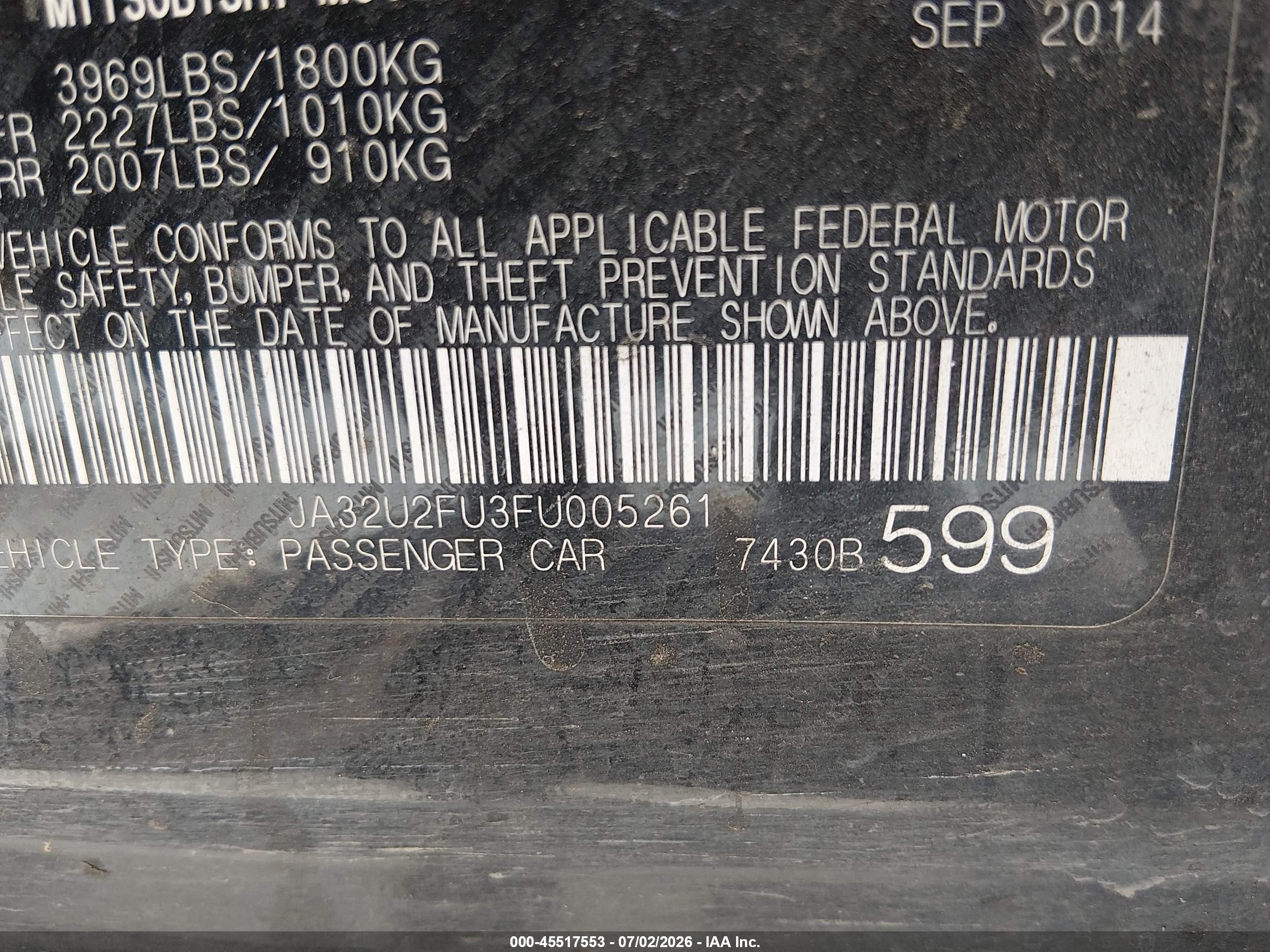2015 Mitsubishi Lancer Es Black vin: JA32U2FU3FU005261