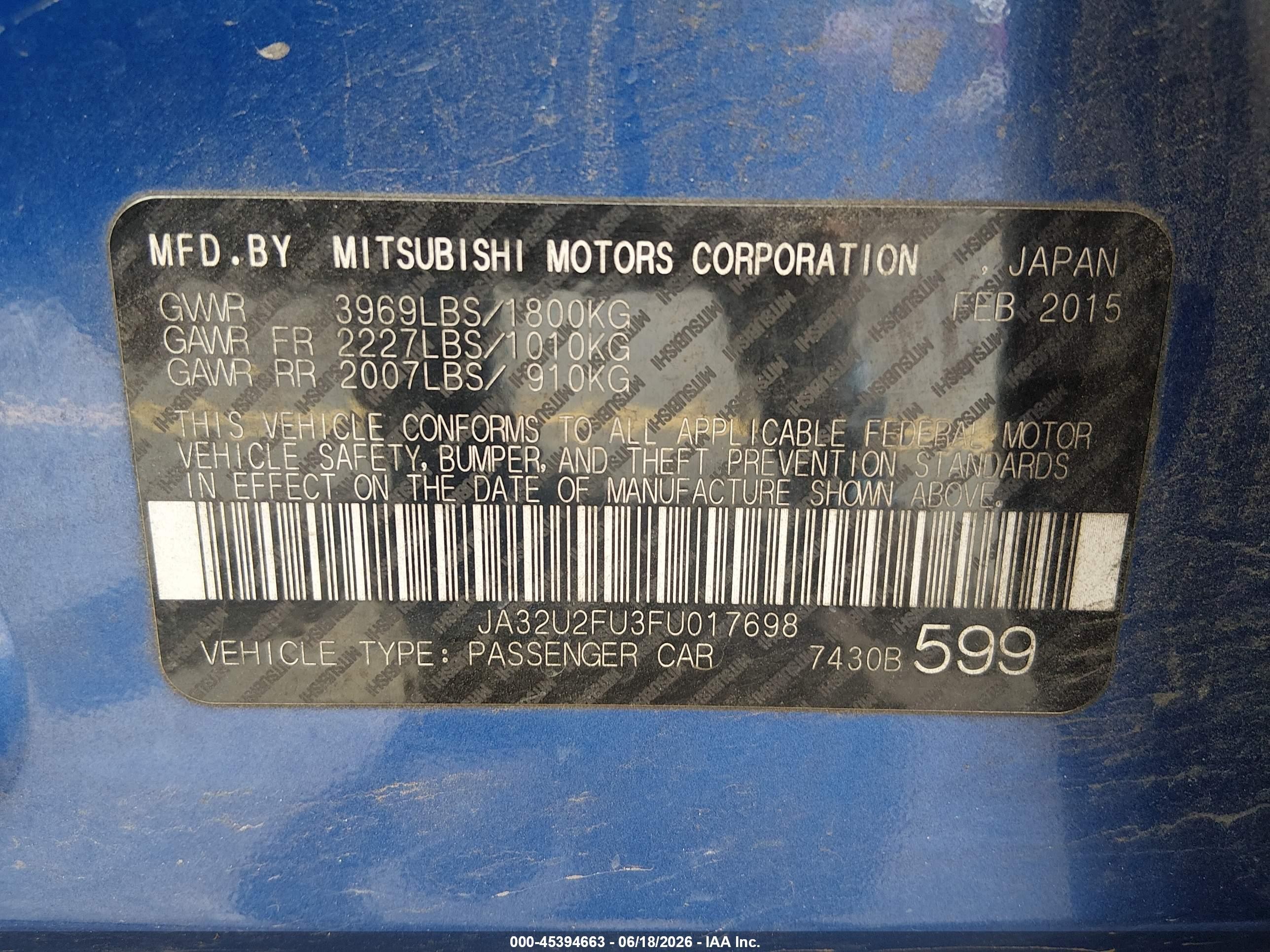 2015 Mitsubishi Lancer Es Blue vin: JA32U2FU3FU017698