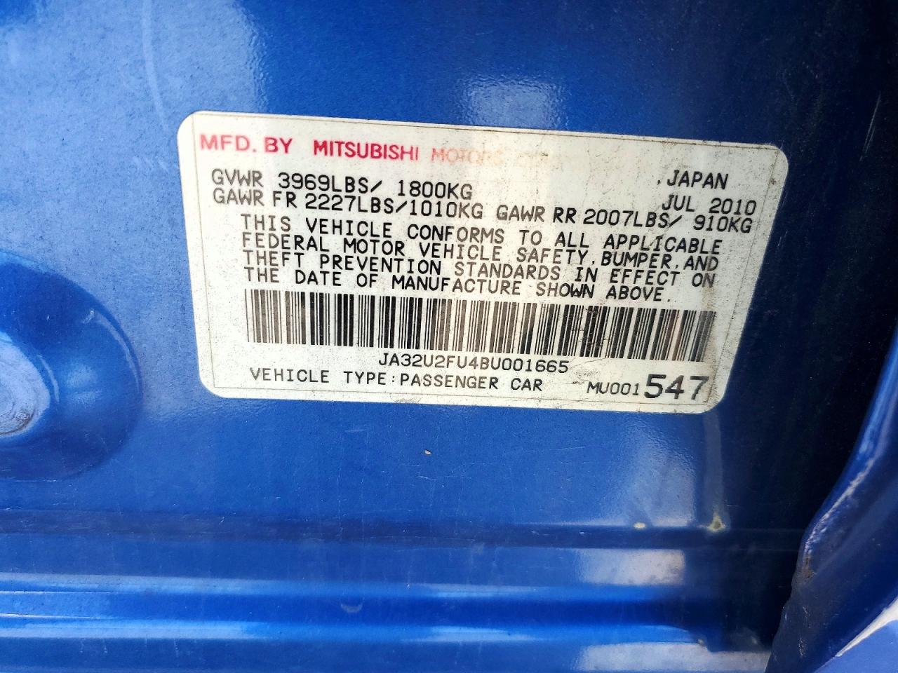 2011 Mitsubishi Lancer Es Blue vin: JA32U2FU4BU001665