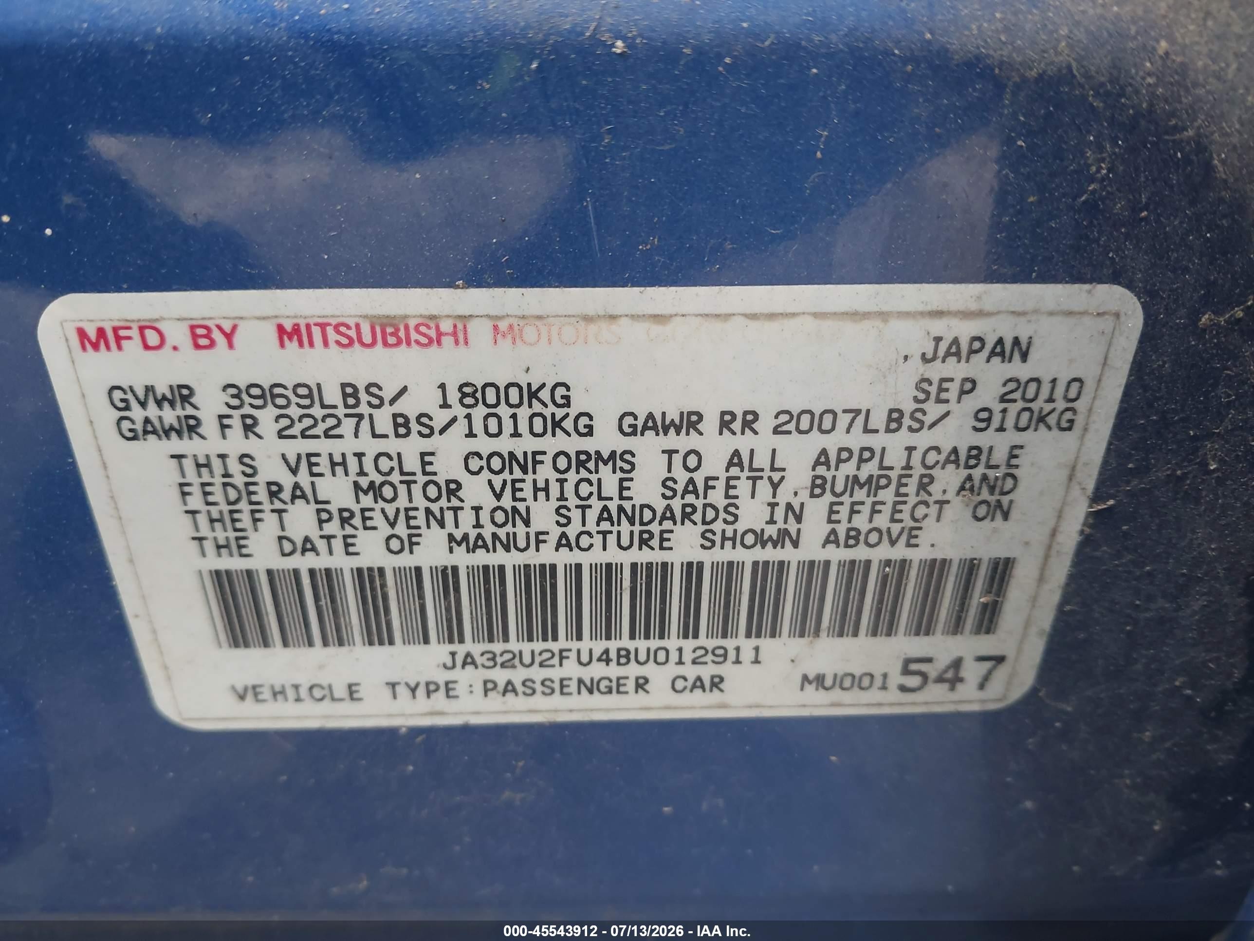 2011 Mitsubishi Lancer Es Blue vin: JA32U2FU4BU012911
