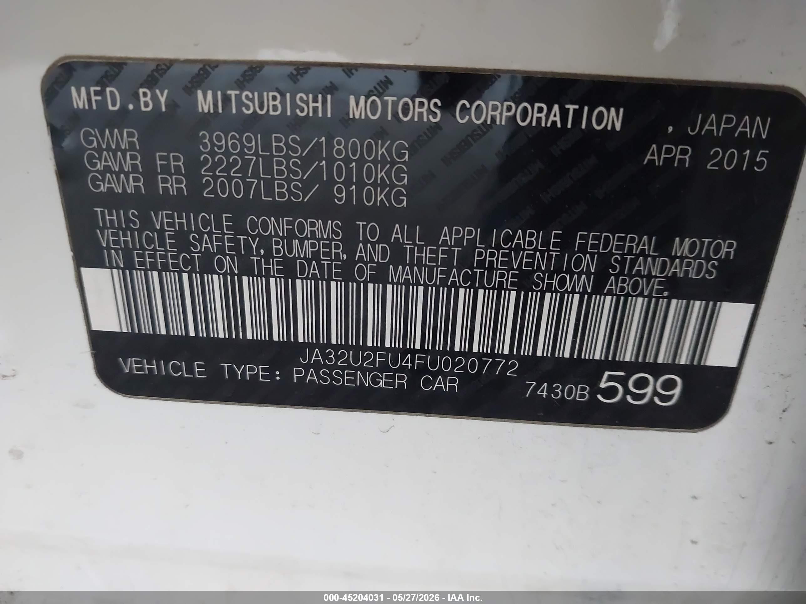 2015 Mitsubishi Lancer Es Белый vin: JA32U2FU4FU020772
