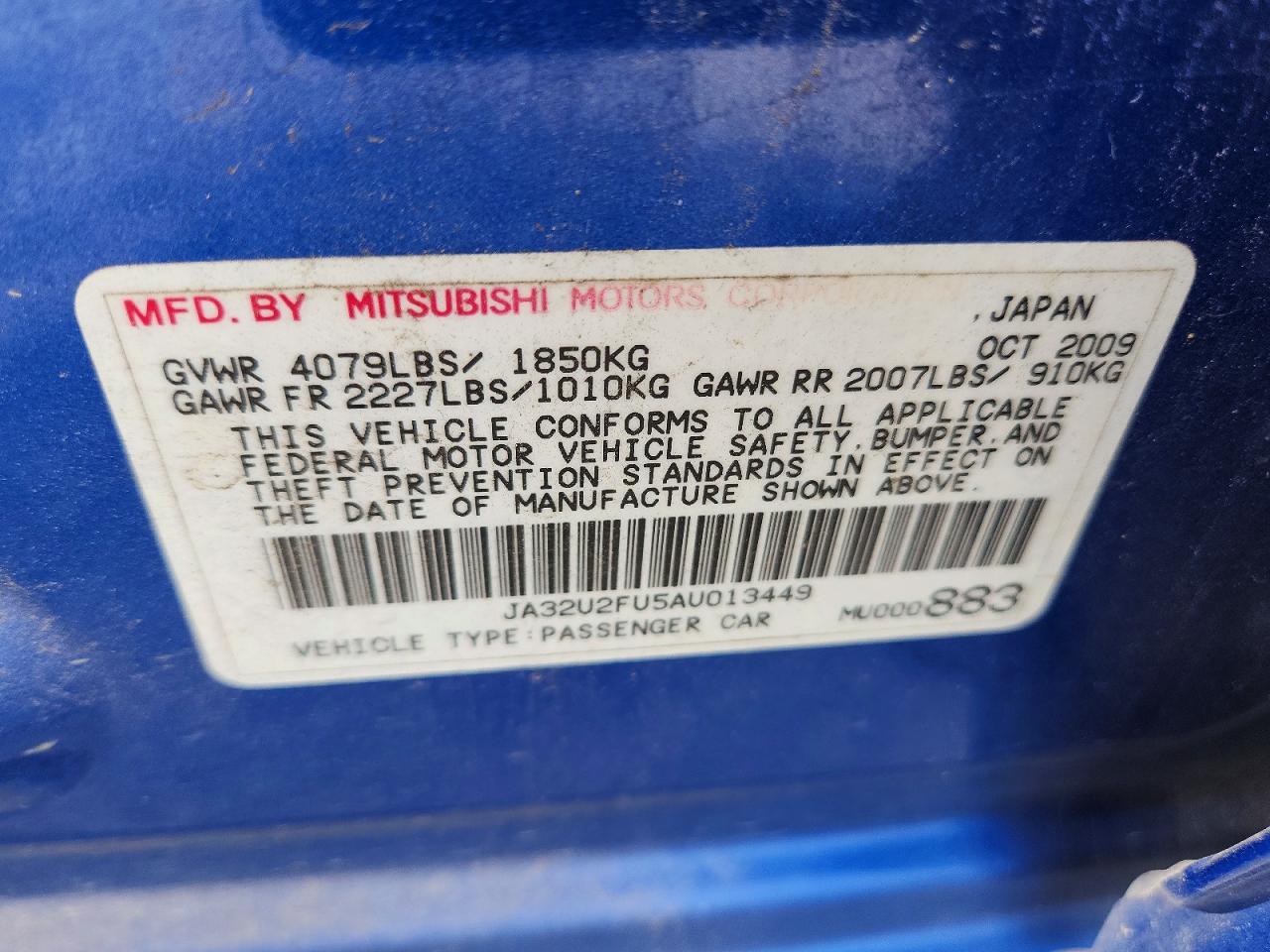 2010 Mitsubishi Lancer Синий vin: JA32U2FU5AU013449