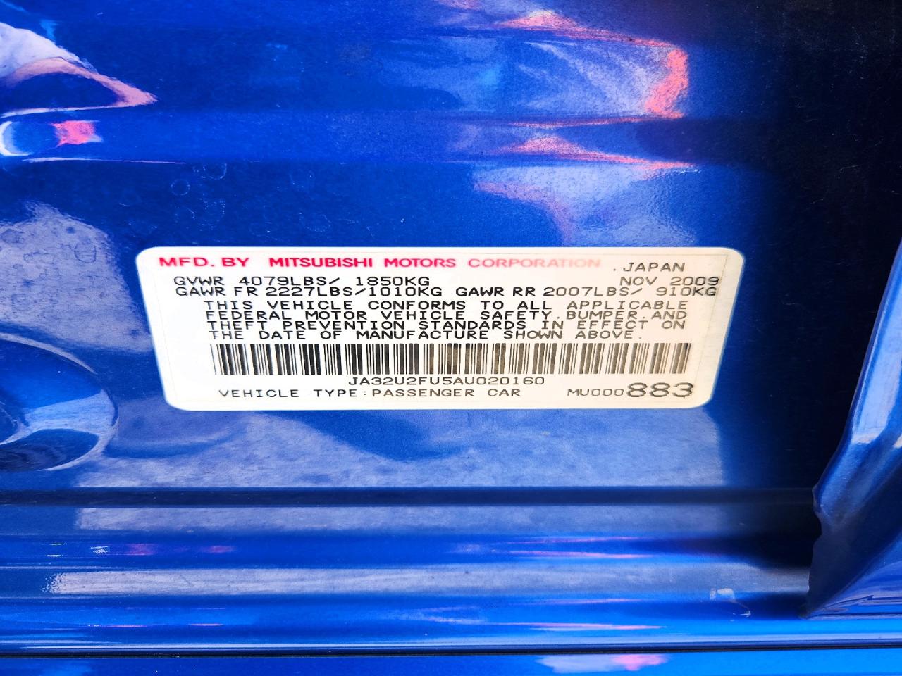 2010 Mitsubishi Lancer Es/es Sport Blue vin: JA32U2FU5AU020160