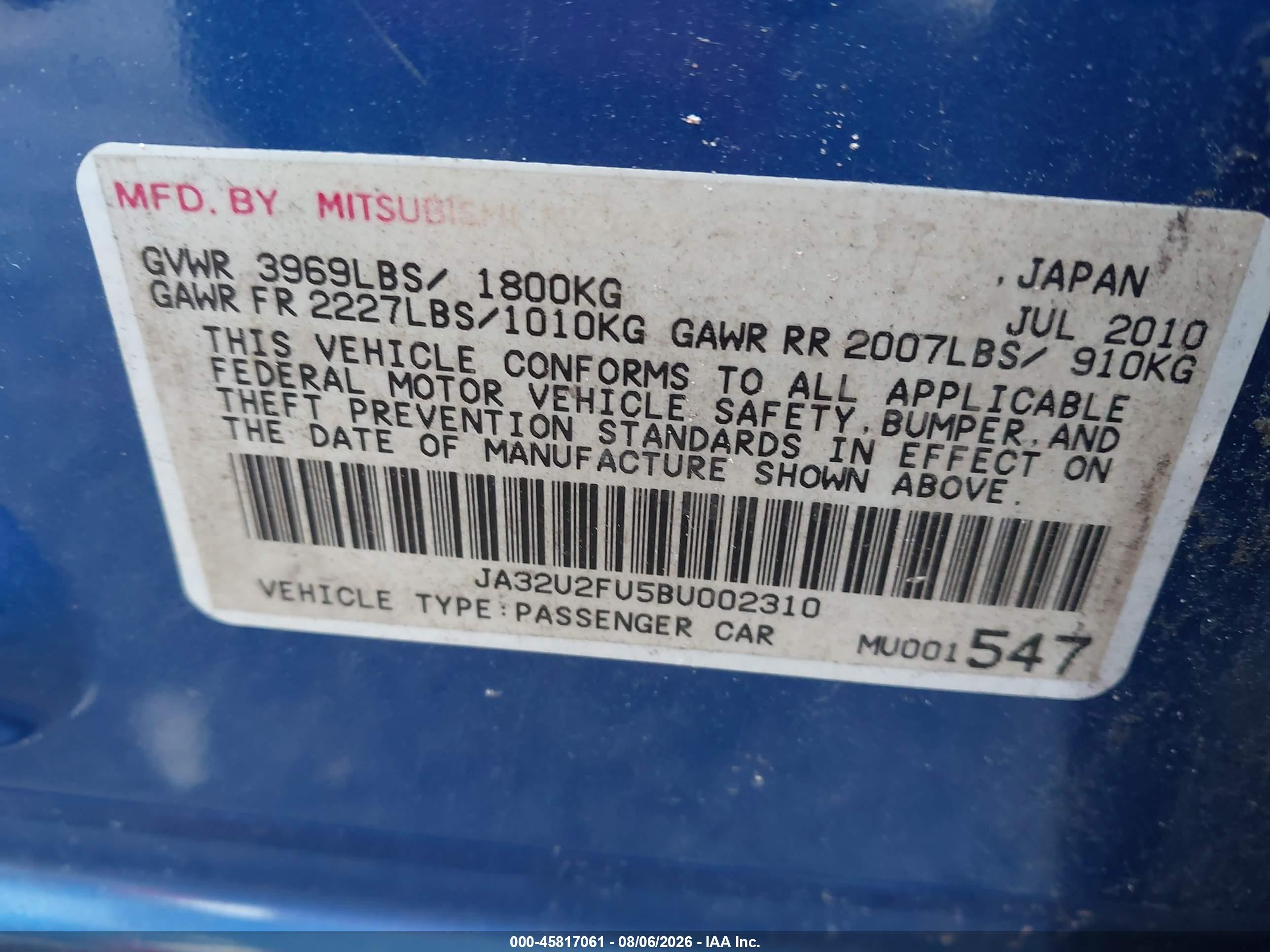 2011 Mitsubishi Lancer Es Blue vin: JA32U2FU5BU002310