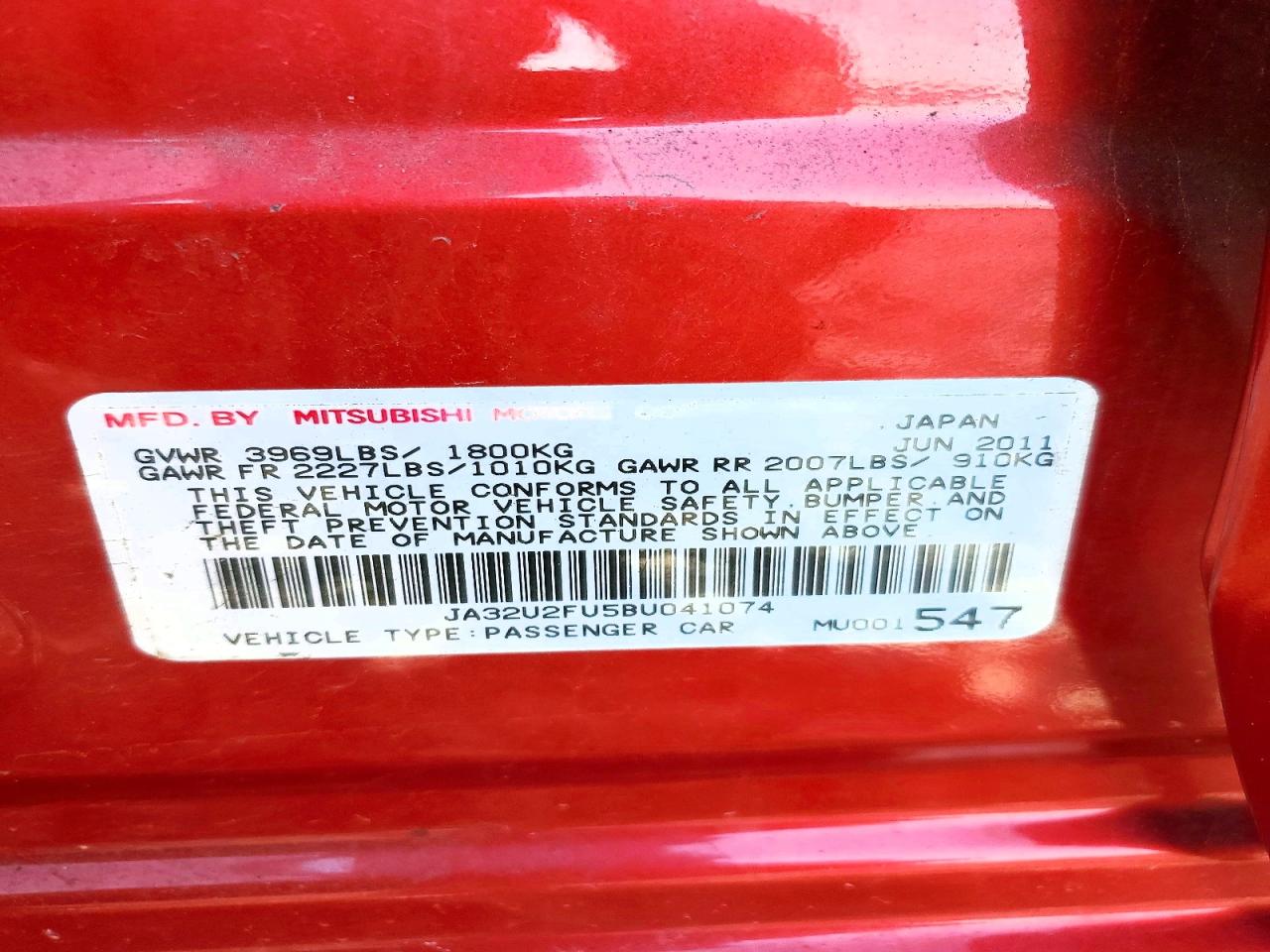 2011 Mitsubishi Lancer Red vin: JA32U2FU5BU041074