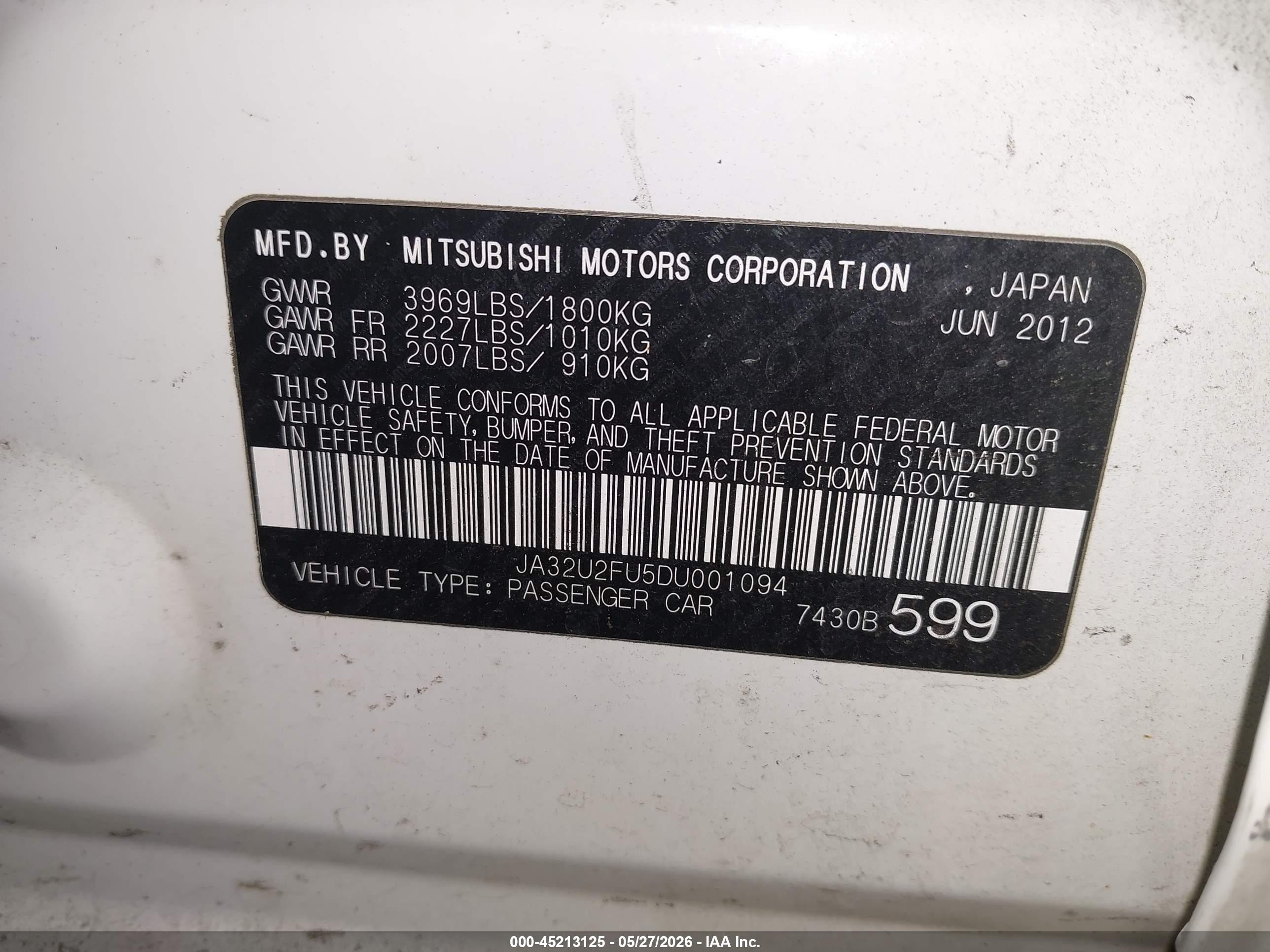 2013 Mitsubishi Lancer Es White vin: JA32U2FU5DU001094