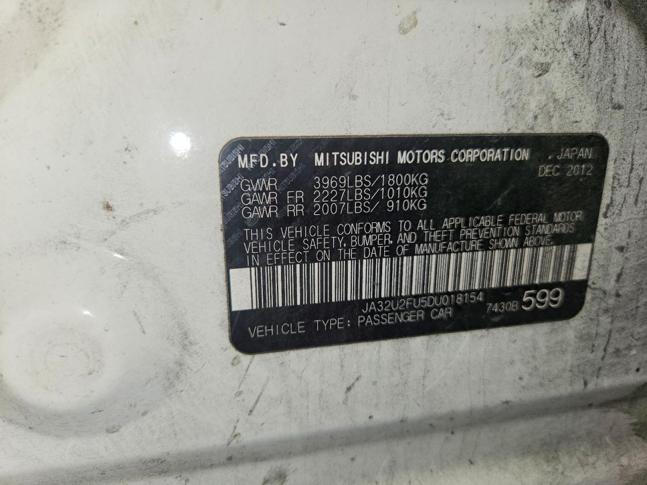2013 Mitsubishi Lancer White vin: JA32U2FU5DU018154