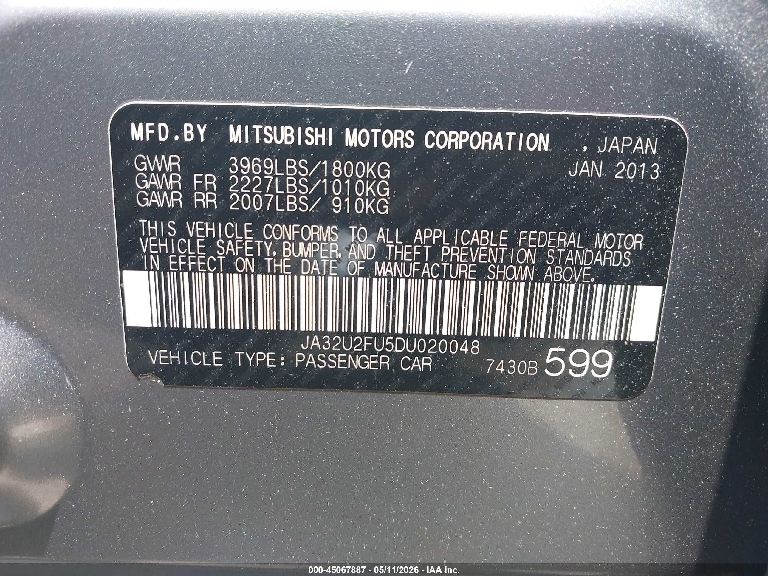 2013 Mitsubishi Lancer Es Gray vin: JA32U2FU5DU020048