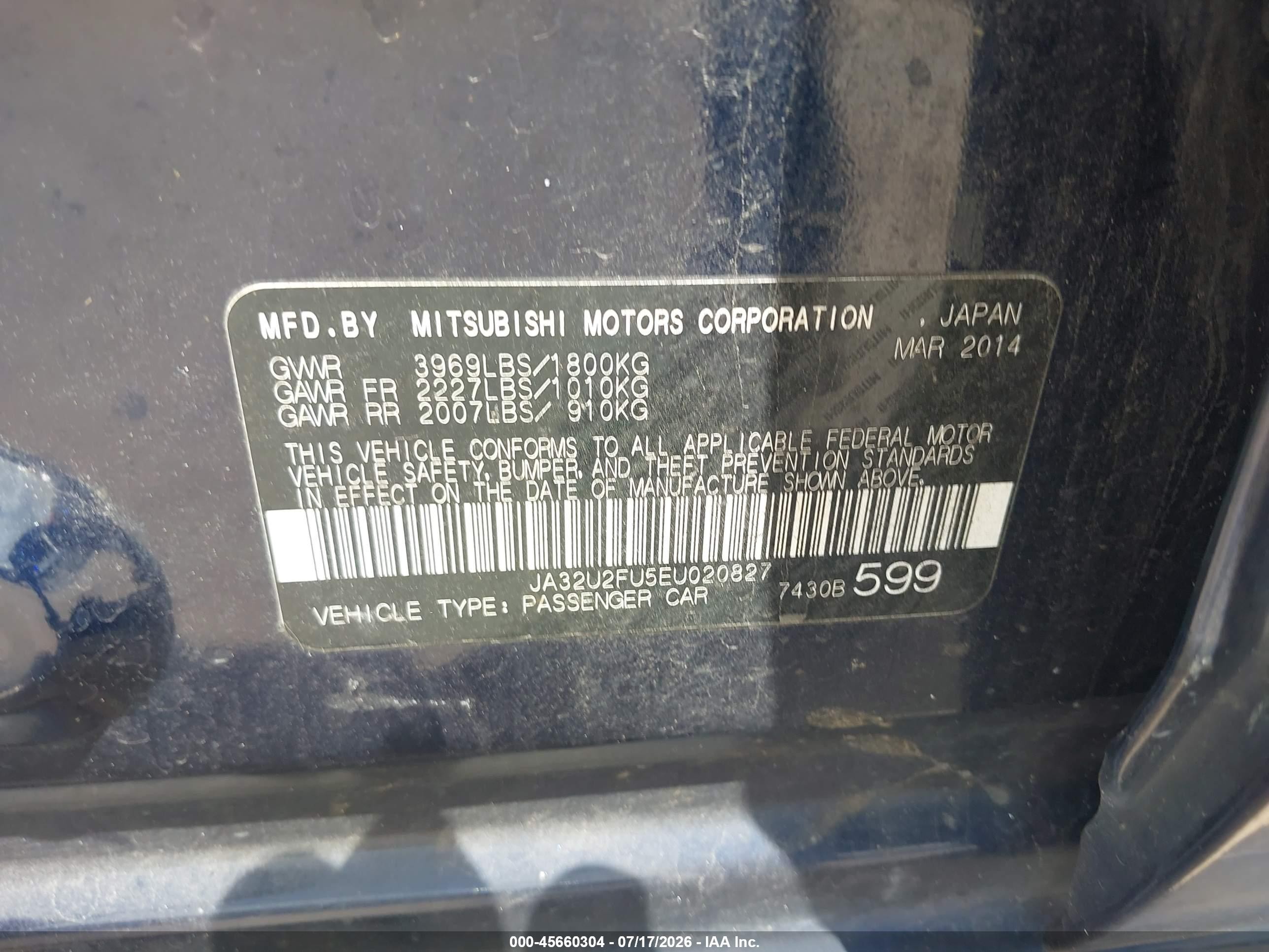 2014 Mitsubishi Lancer Es Blue vin: JA32U2FU5EU020827