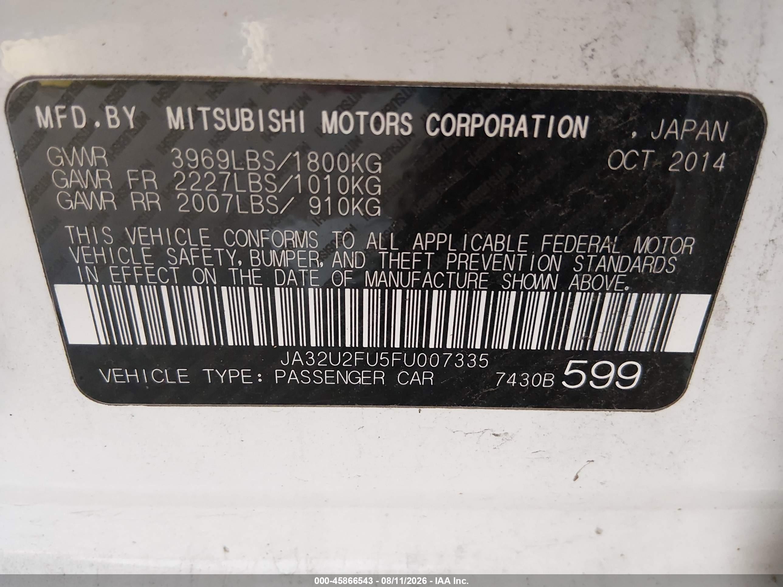 2015 Mitsubishi Lancer Es White vin: JA32U2FU5FU007335