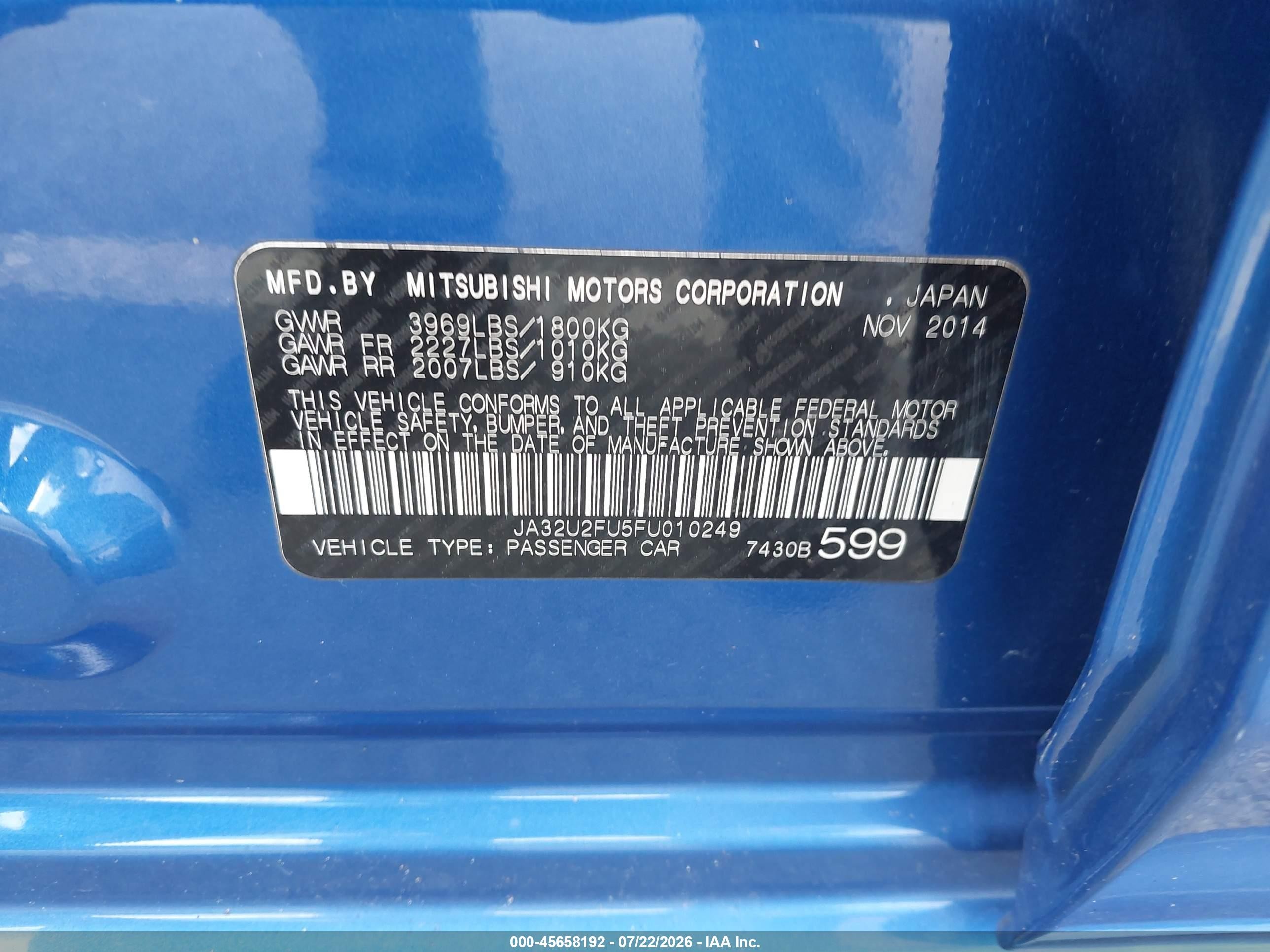 2015 Mitsubishi Lancer Es Blue vin: JA32U2FU5FU010249