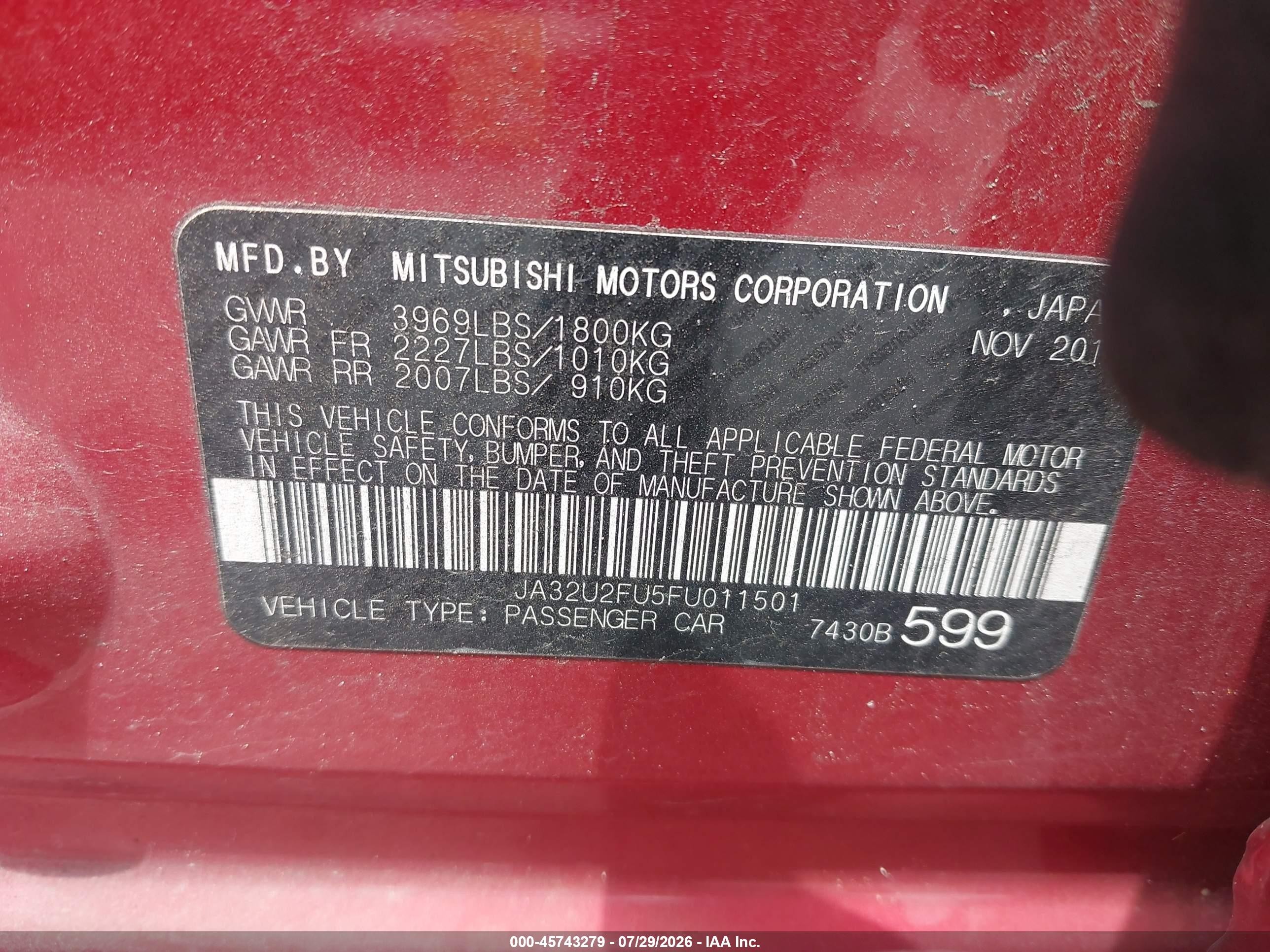 2015 Mitsubishi Lancer Es Red vin: JA32U2FU5FU011501