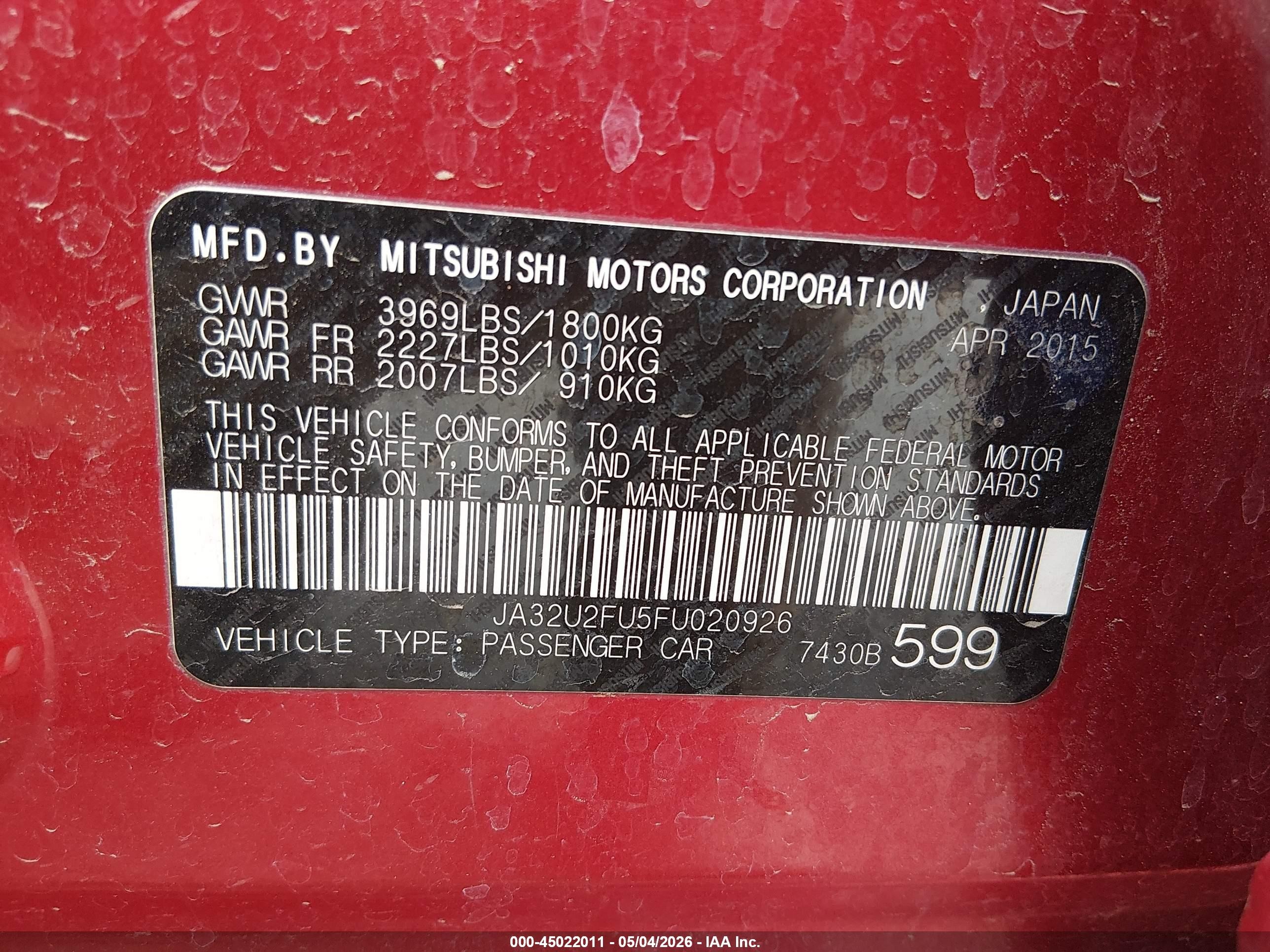 2015 Mitsubishi Lancer Es Red vin: JA32U2FU5FU020926