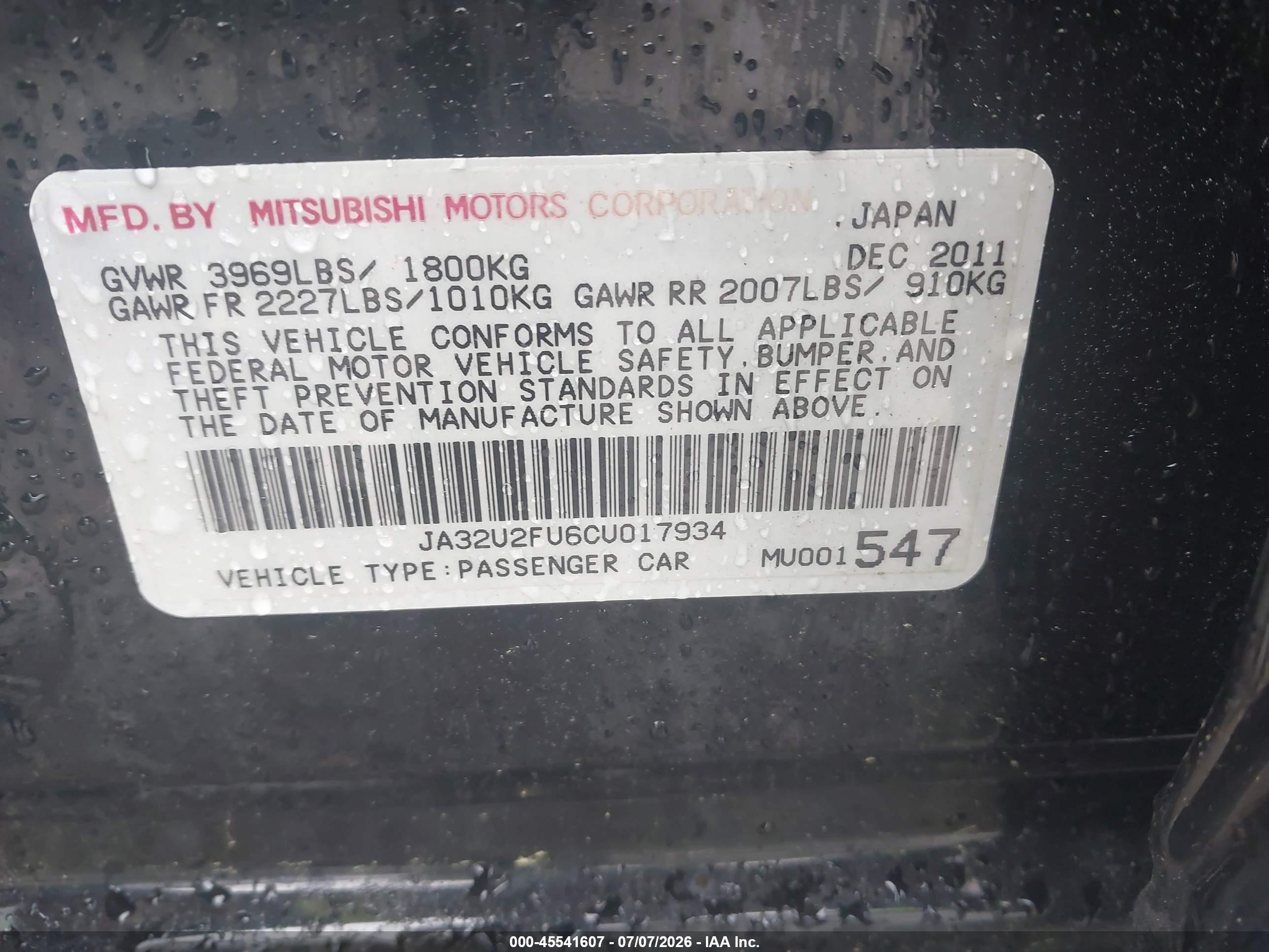 2012 Mitsubishi Lancer Es Black vin: JA32U2FU6CU017934
