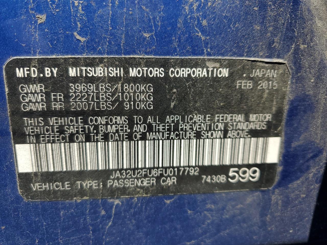 2015 Mitsubishi Lancer Es Blue vin: JA32U2FU6FU017792