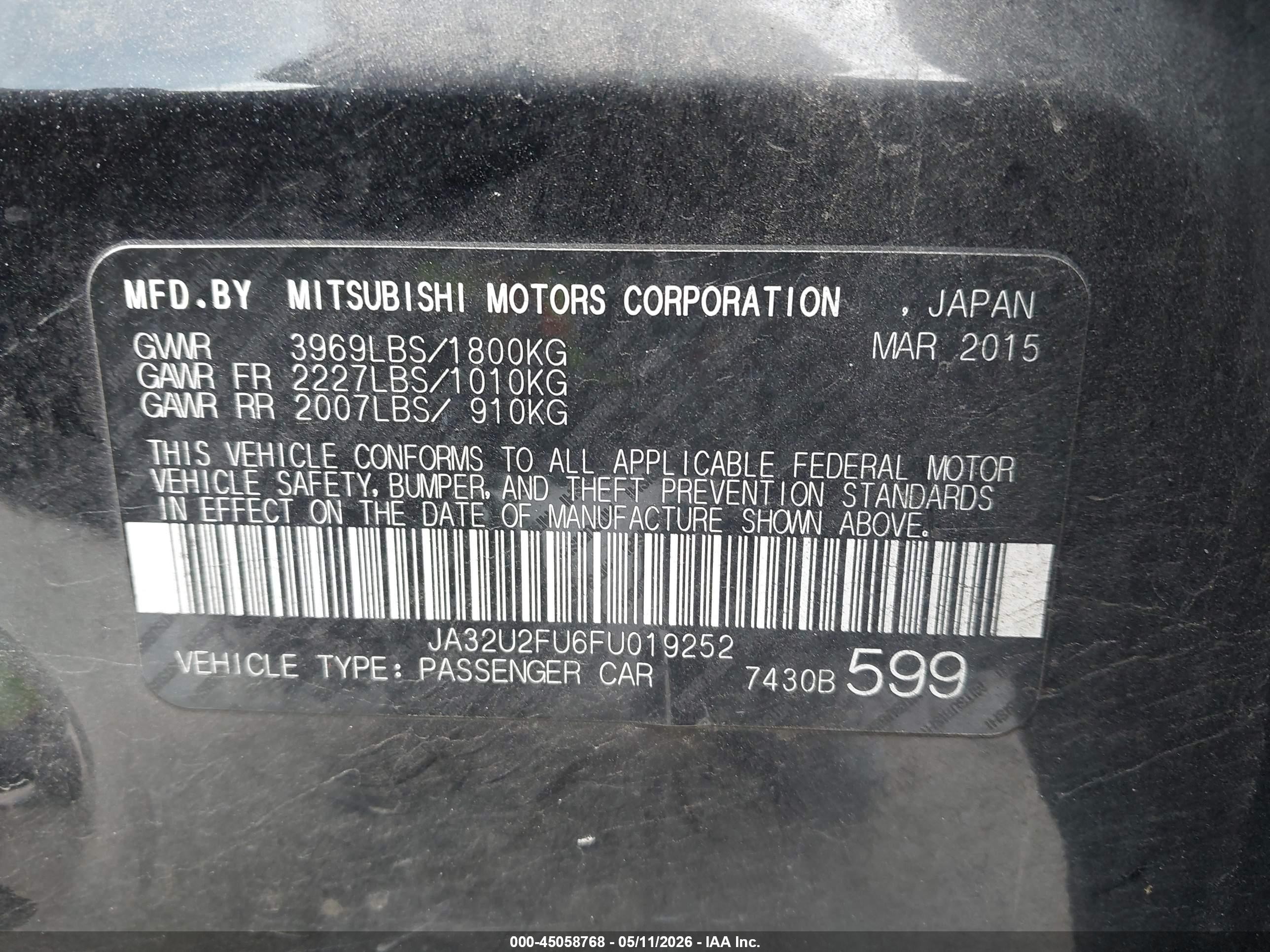 2015 Mitsubishi Lancer Es Black vin: JA32U2FU6FU019252
