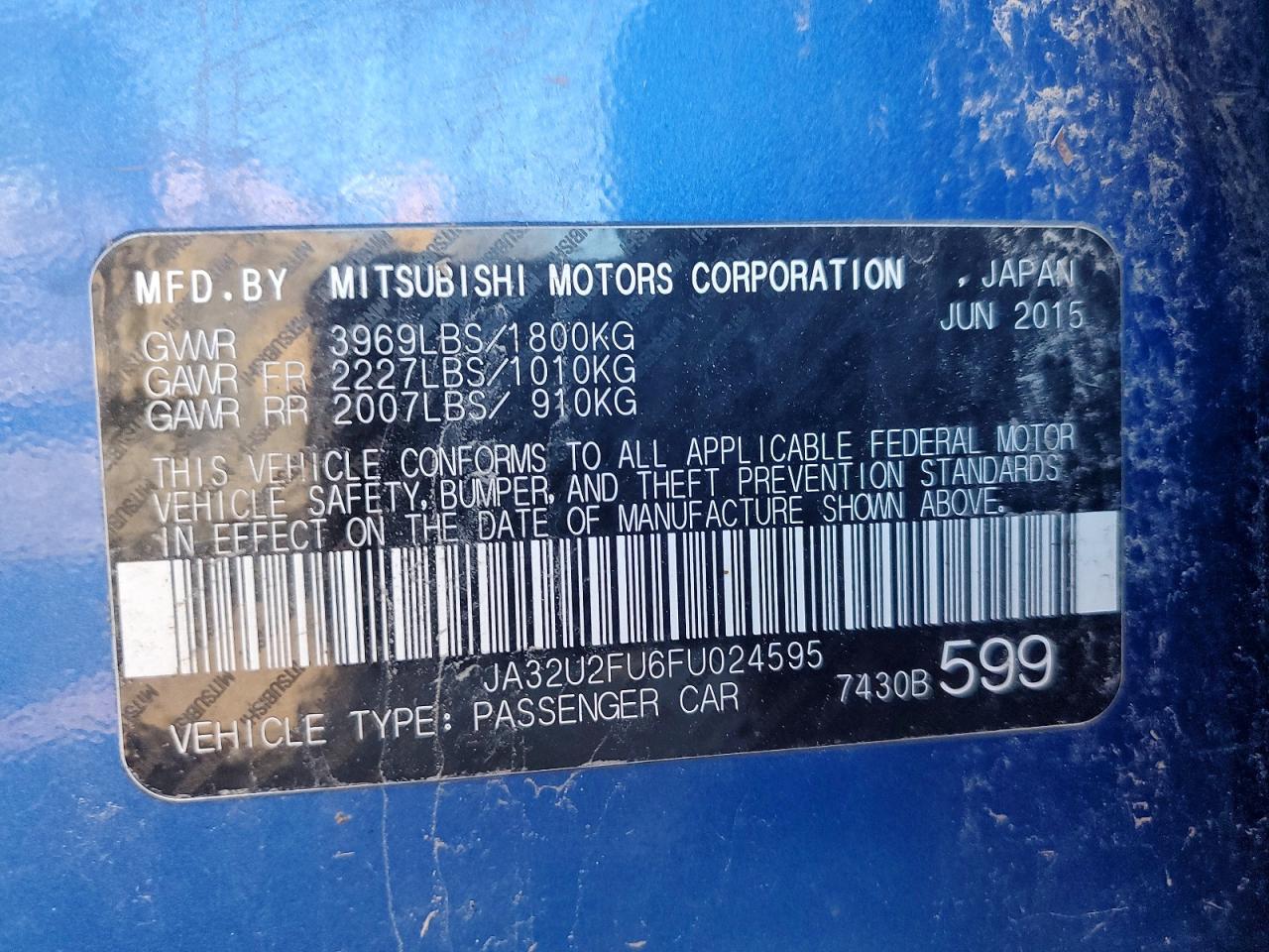 2015 Mitsubishi Lancer Es Blue vin: JA32U2FU6FU024595