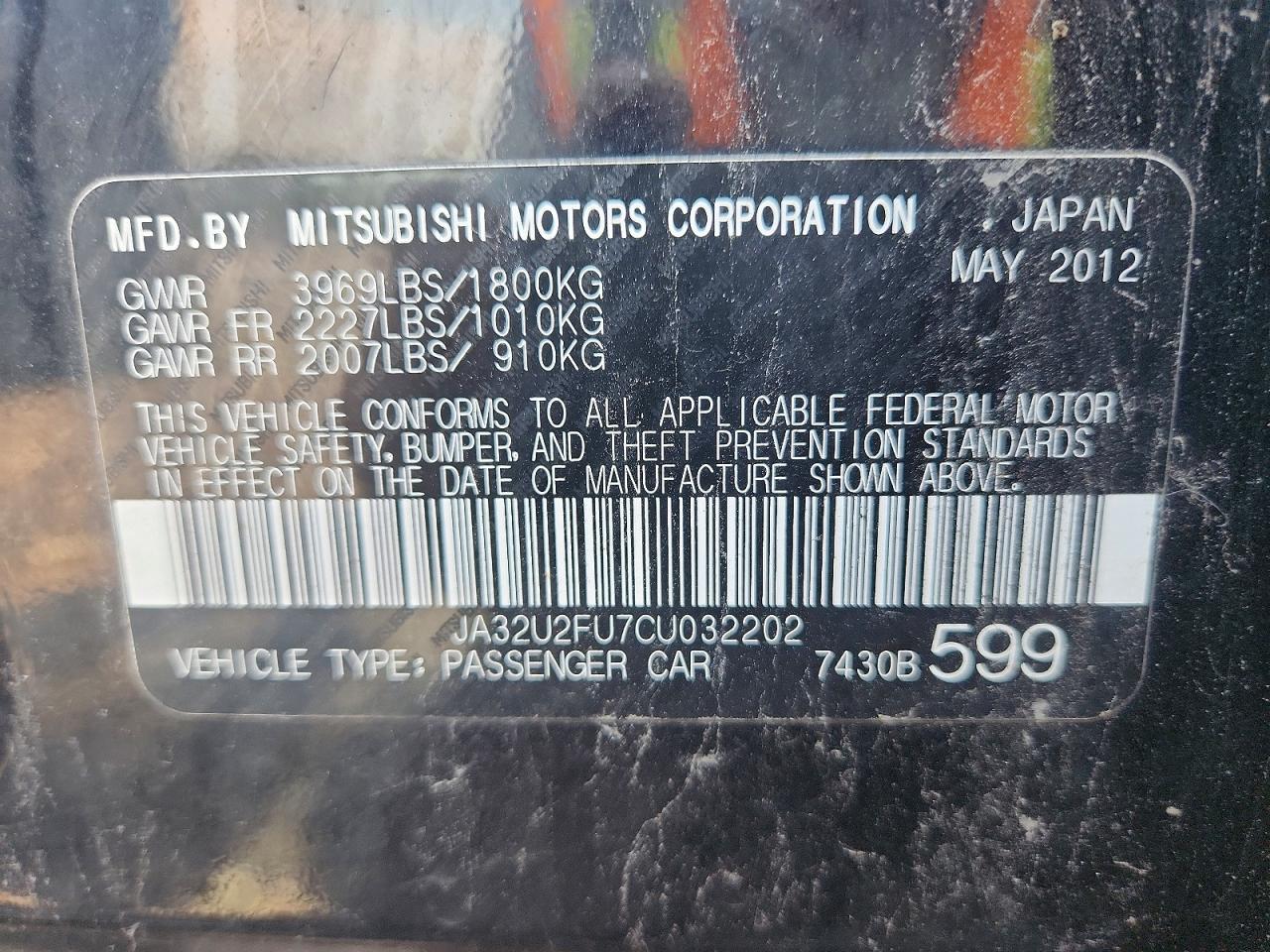 2012 Mitsubishi Lancer Es/es Sport Черный vin: JA32U2FU7CU032202