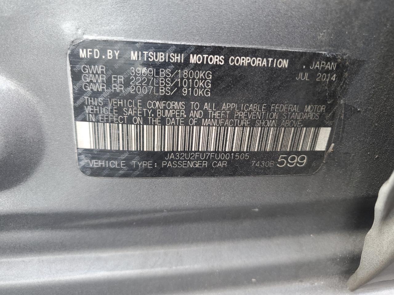 2015 Mitsubishi Lancer Es Gray vin: JA32U2FU7FU001505