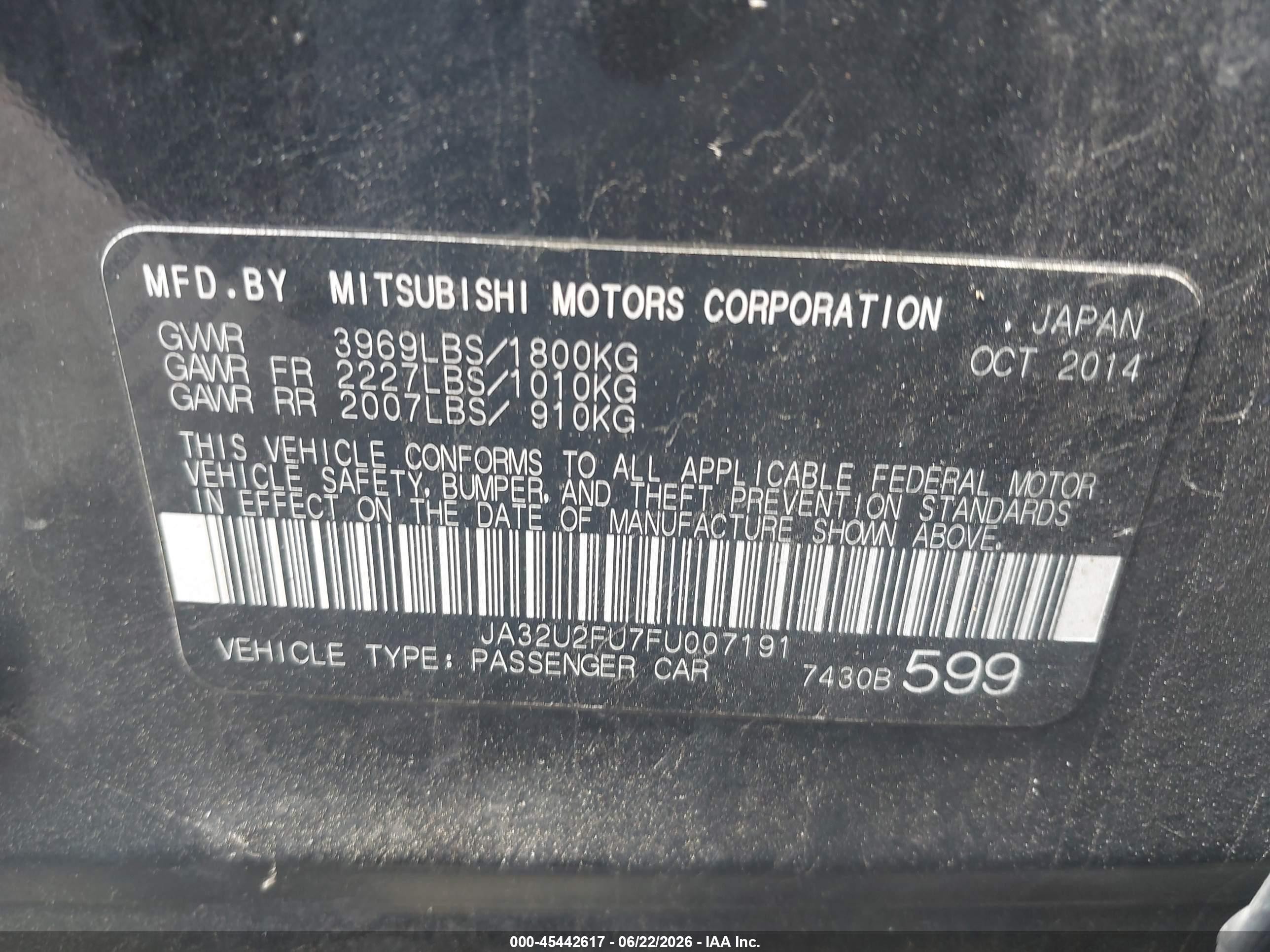 2015 Mitsubishi Lancer Es Black vin: JA32U2FU7FU007191
