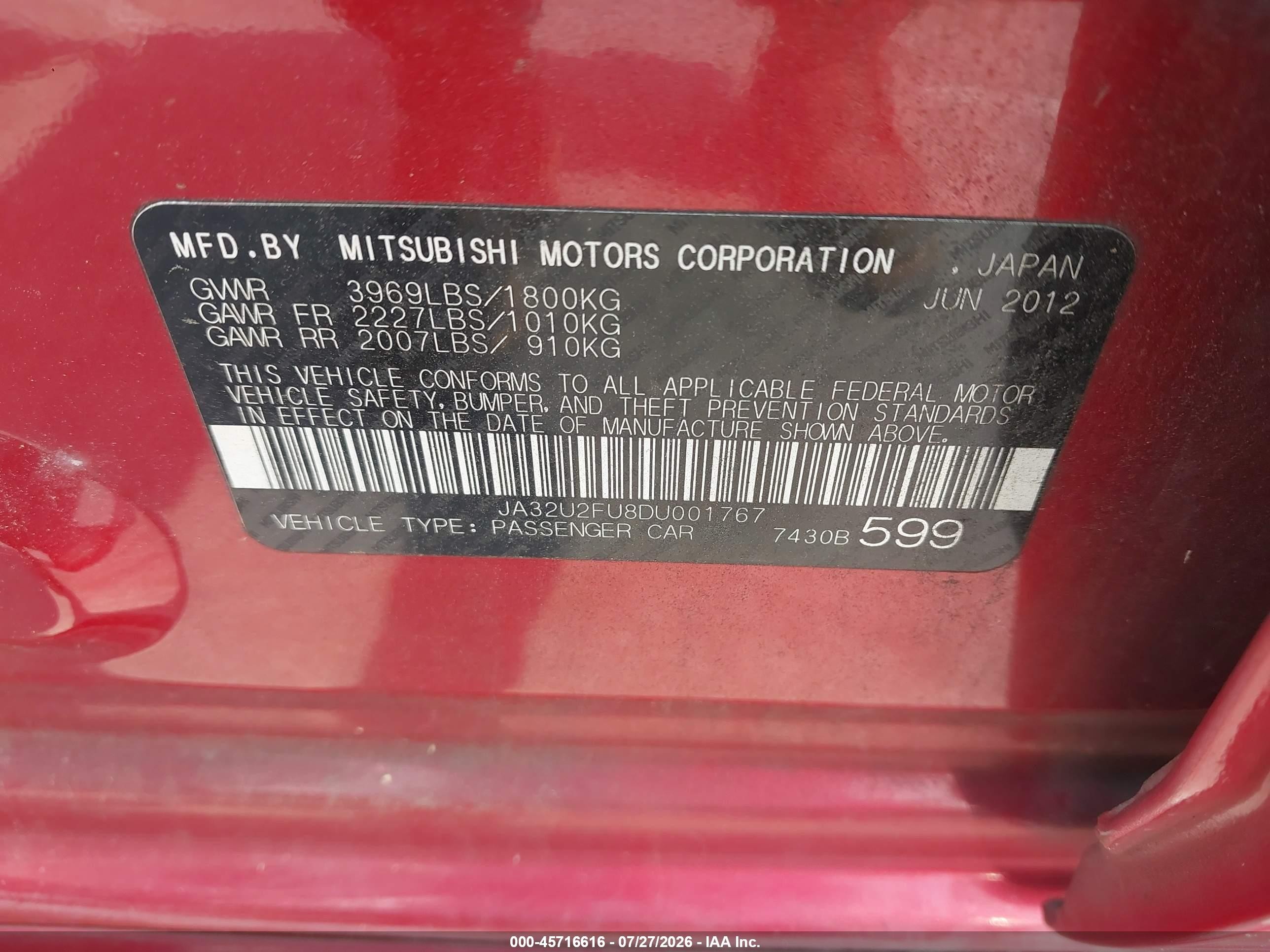 2013 Mitsubishi Lancer Es Red vin: JA32U2FU8DU001767