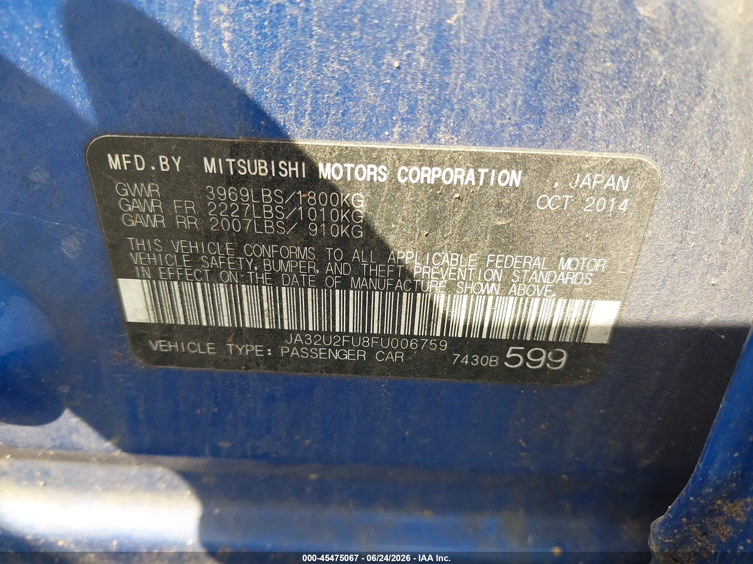 2015 Mitsubishi Lancer Es Blue vin: JA32U2FU8FU006759