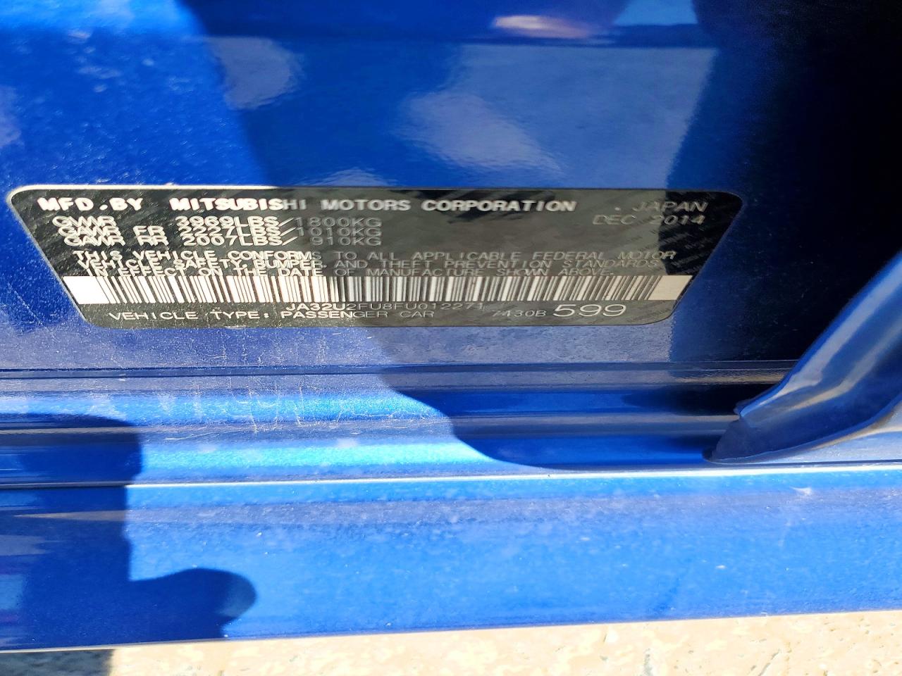2015 Mitsubishi Lancer Es Blue vin: JA32U2FU8FU012271