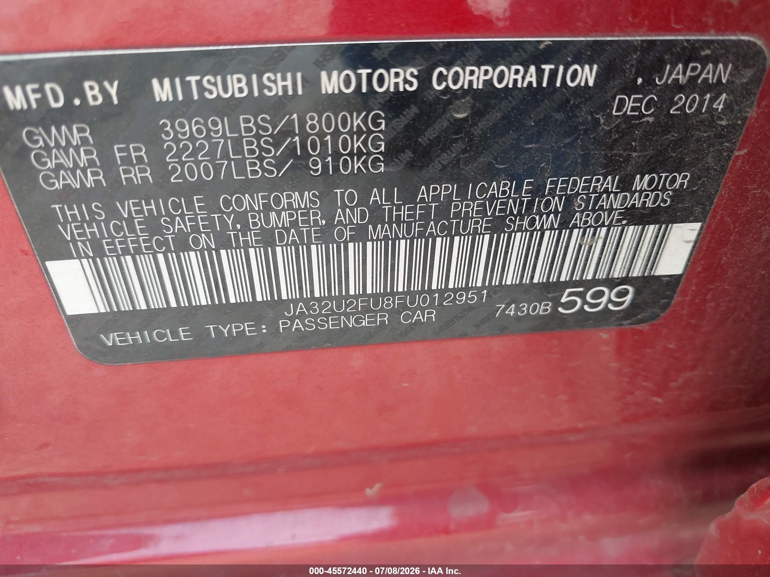 2015 Mitsubishi Lancer Es Red vin: JA32U2FU8FU012951