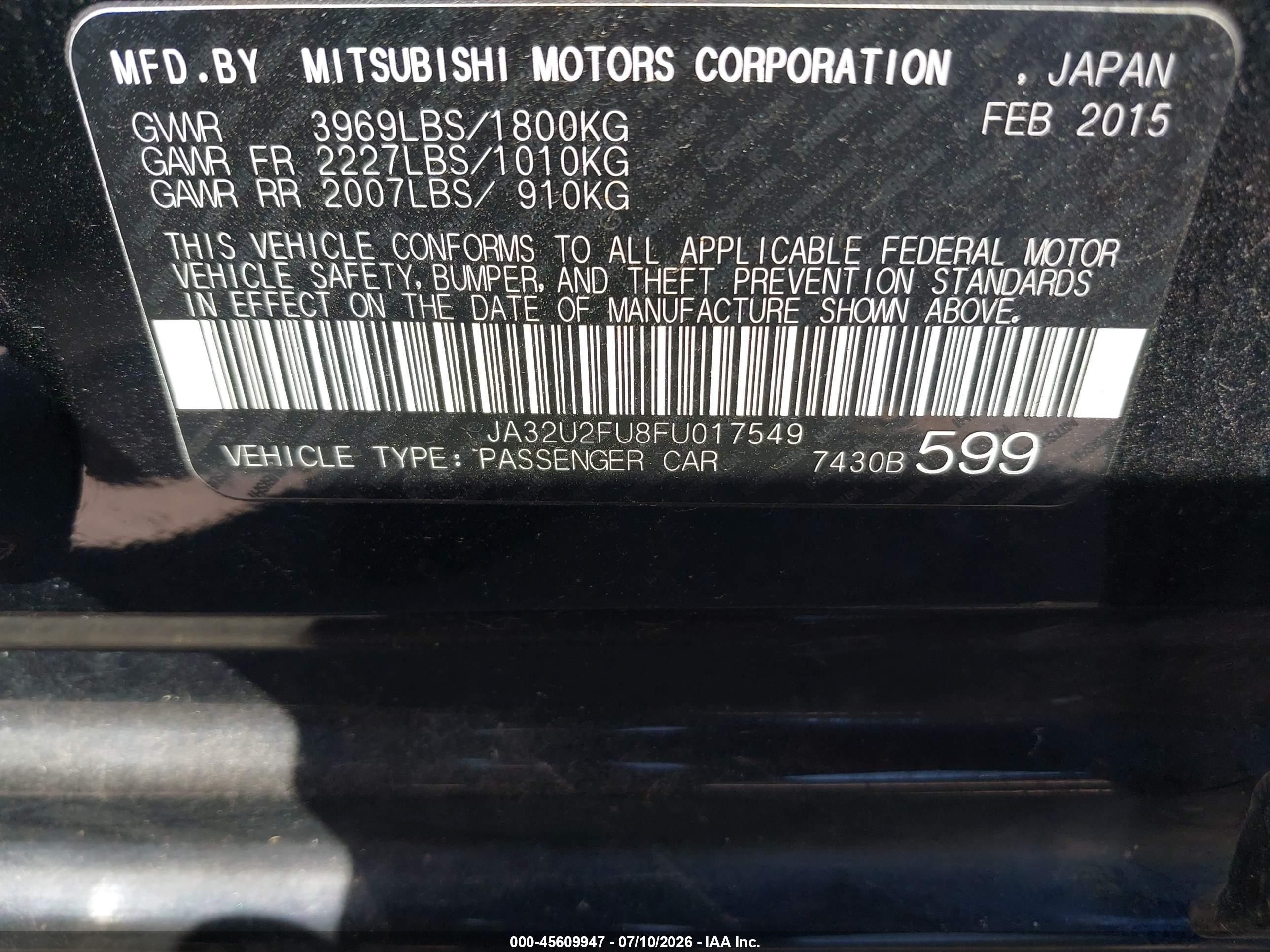 2015 Mitsubishi Lancer Es Black vin: JA32U2FU8FU017549
