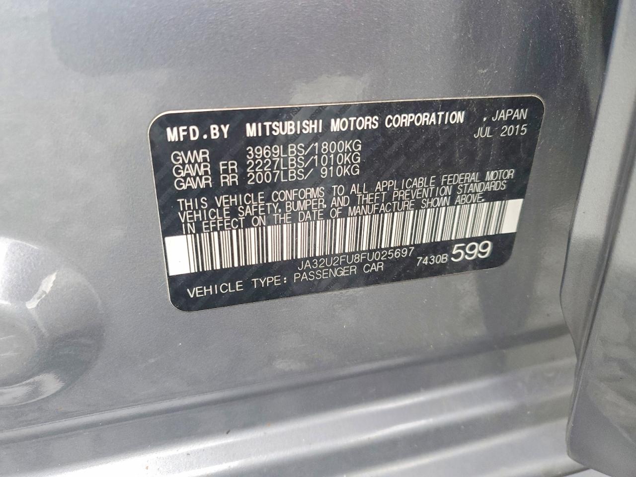 2015 Mitsubishi Lancer Es Gray vin: JA32U2FU8FU025697