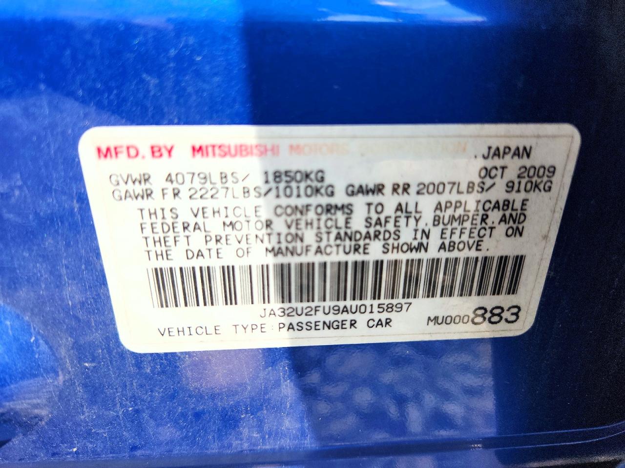 2010 Mitsubishi Lancer Es/es Sport Blue vin: JA32U2FU9AU015897