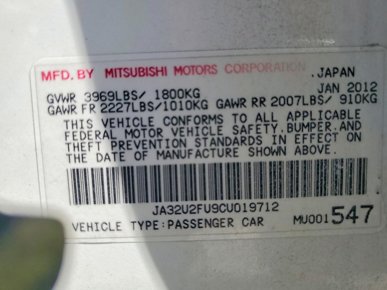 2012 Mitsubishi Lancer Es White vin: JA32U2FU9CU019712