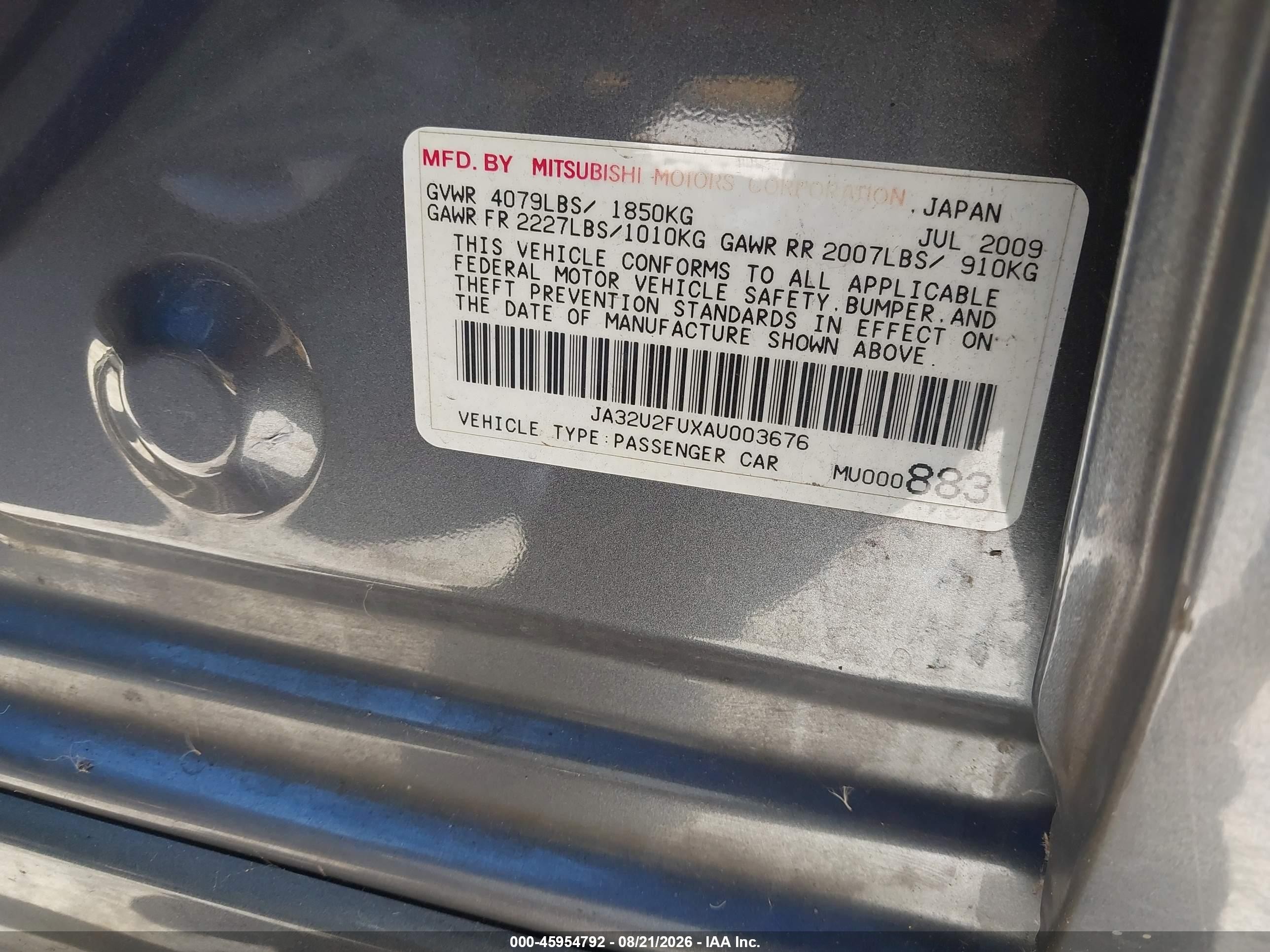 2010 Mitsubishi Lancer Es Gray vin: JA32U2FUXAU003676