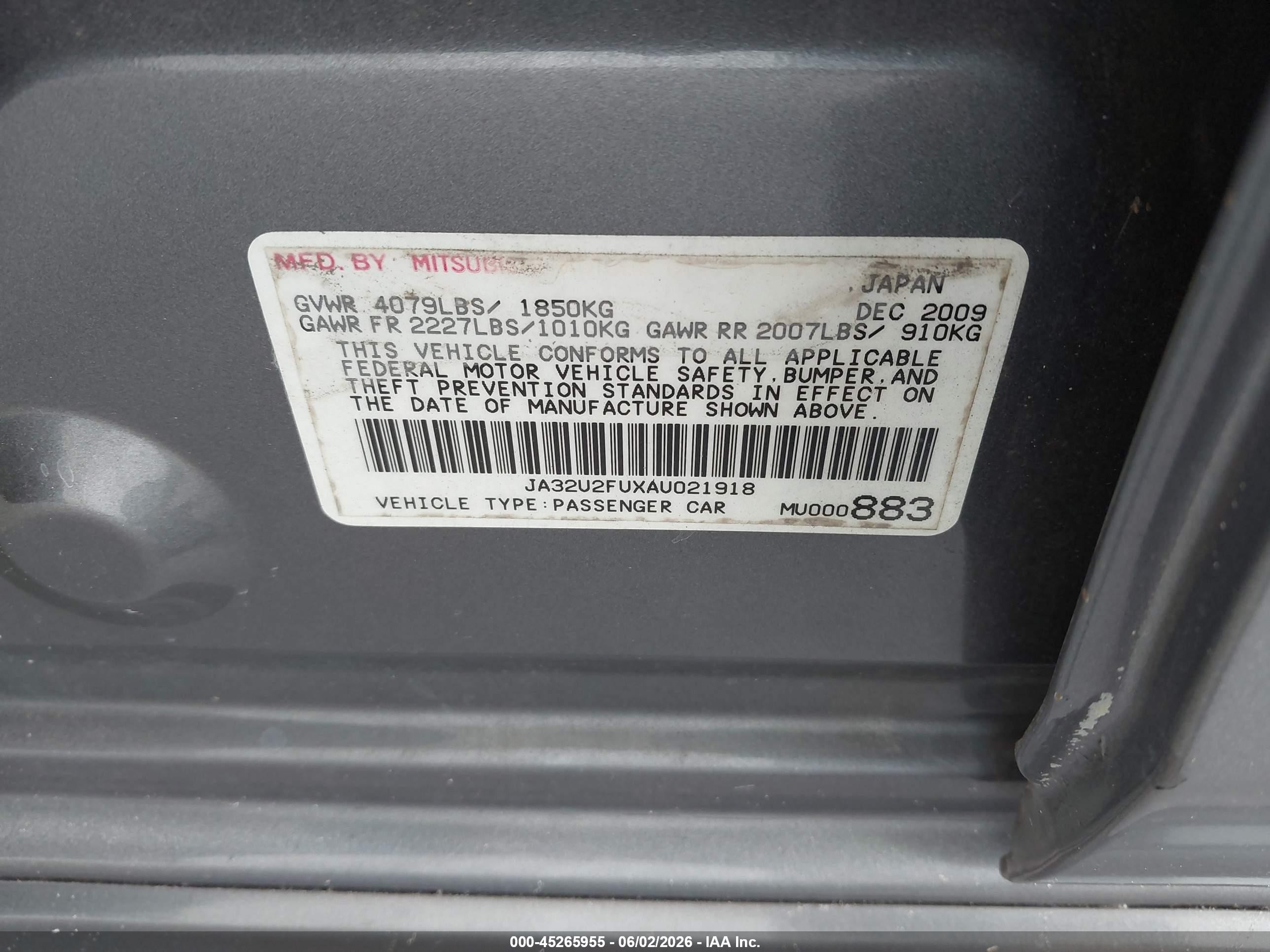 2010 Mitsubishi Lancer Es Gray vin: JA32U2FUXAU021918