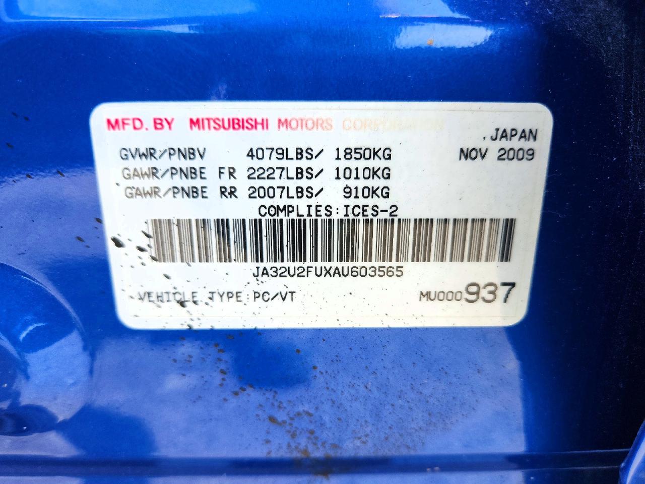 2010 Mitsubishi Lancer Es Blue vin: JA32U2FUXAU603565
