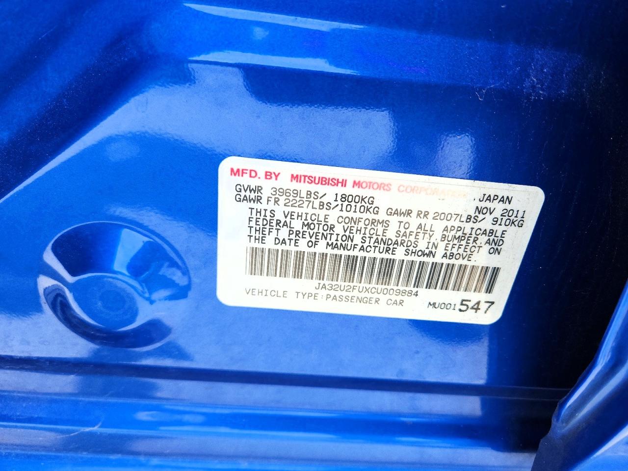 2012 Mitsubishi Lancer Es Blue vin: JA32U2FUXCU009884
